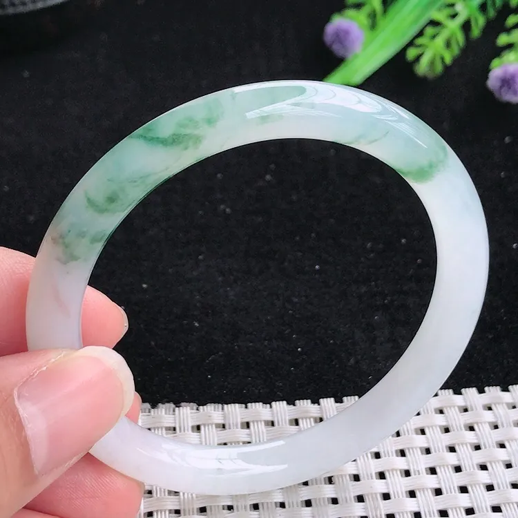 自然光54/7.3/7.6老坑冰胶水灵飘花细条圆条手镯翡翠玉镯叮当镯