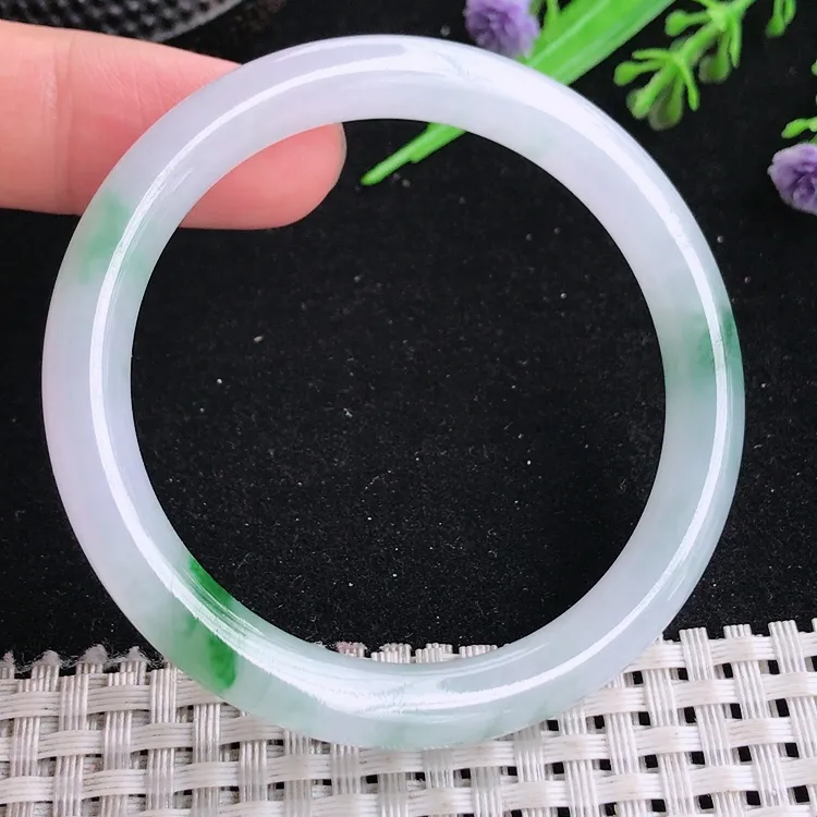 自然光50/7.5老坑冰胶水灵飘花圆条手镯翡翠玉镯美人镯