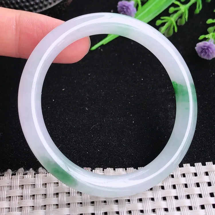 自然光50/7.5老坑冰胶水灵飘花圆条手镯翡翠玉镯美人镯