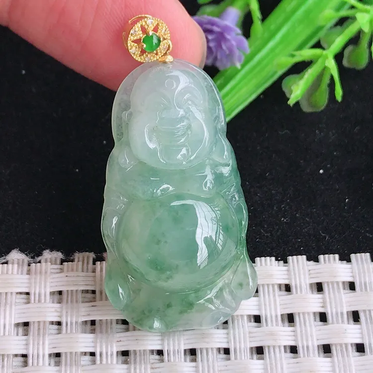 自然光34/49/7.7老坑精美18k金镶嵌冰胶水灵飘花佛公吊坠站佛翡翠玉坠挂件
