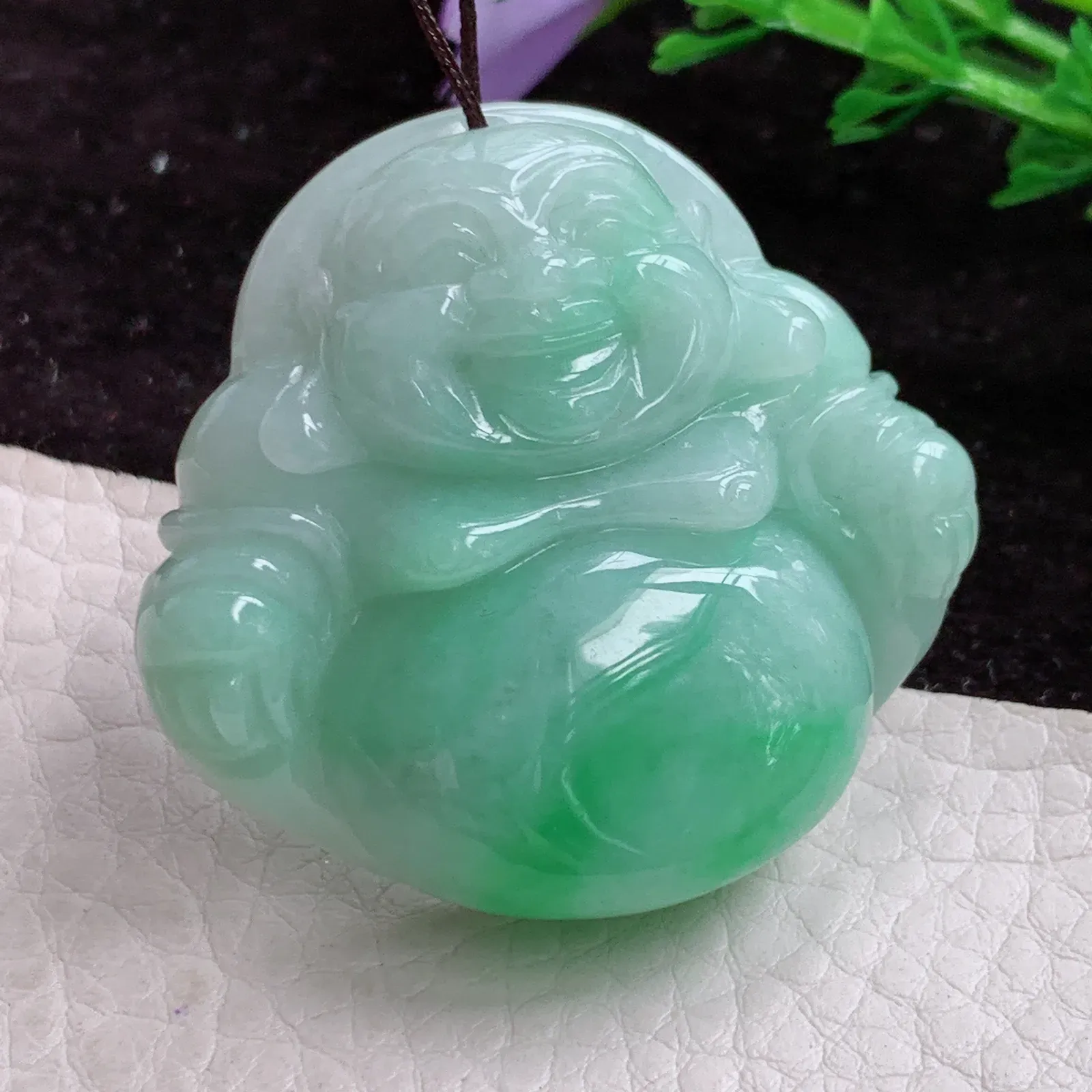 Zen实拍40.5*43.5*12老坑精雕饱满飘阳绿大佛公 翡翠开心佛玉吊坠