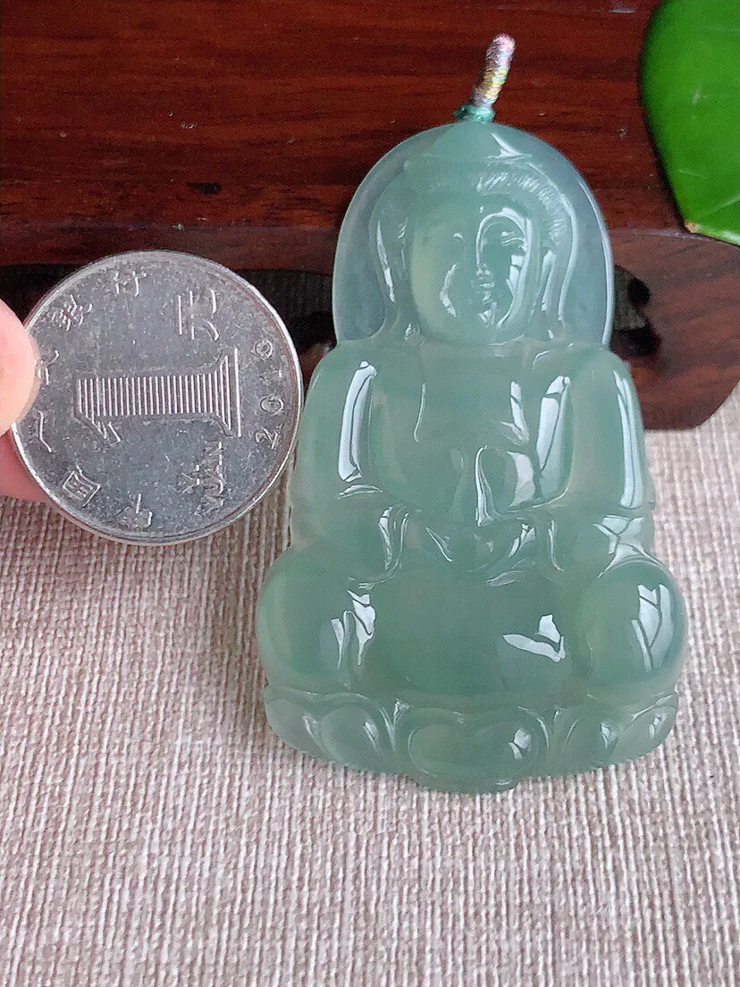 a货翡翠老坑冰种晴水正装观音吊坠 尺寸57×35.3×5.6mm 重量18.93g 0617