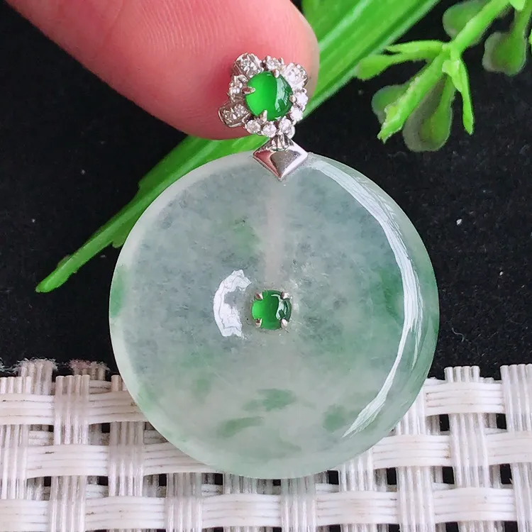 自然光23.6/4.6老坑精美18k金镶嵌冰种果冻胶飘花平安扣吊坠翡翠玉坠挂件
