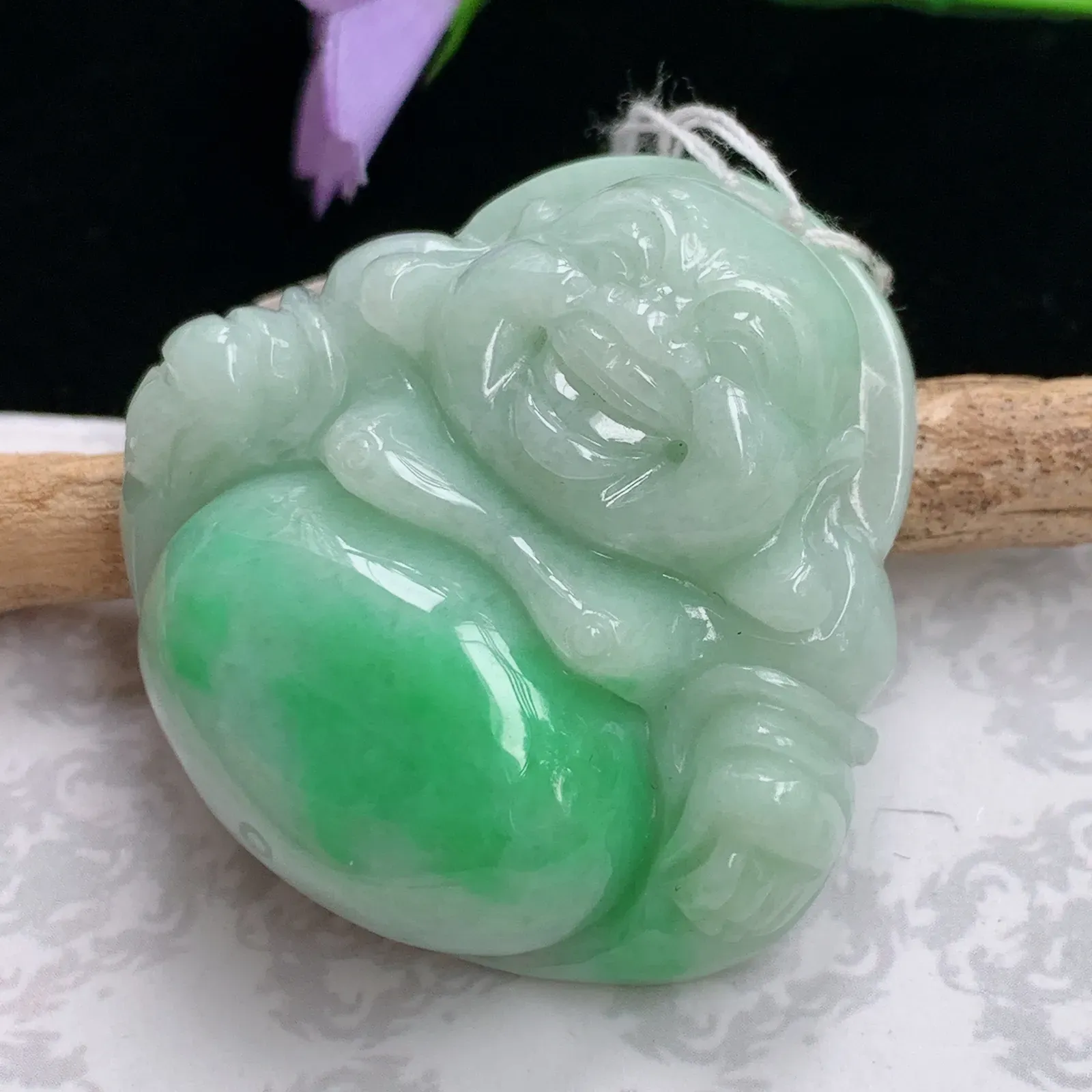 Zen实拍39.5*40.2*12.6老坑精雕饱满飘阳绿大佛公 翡翠尼勒佛玉坠