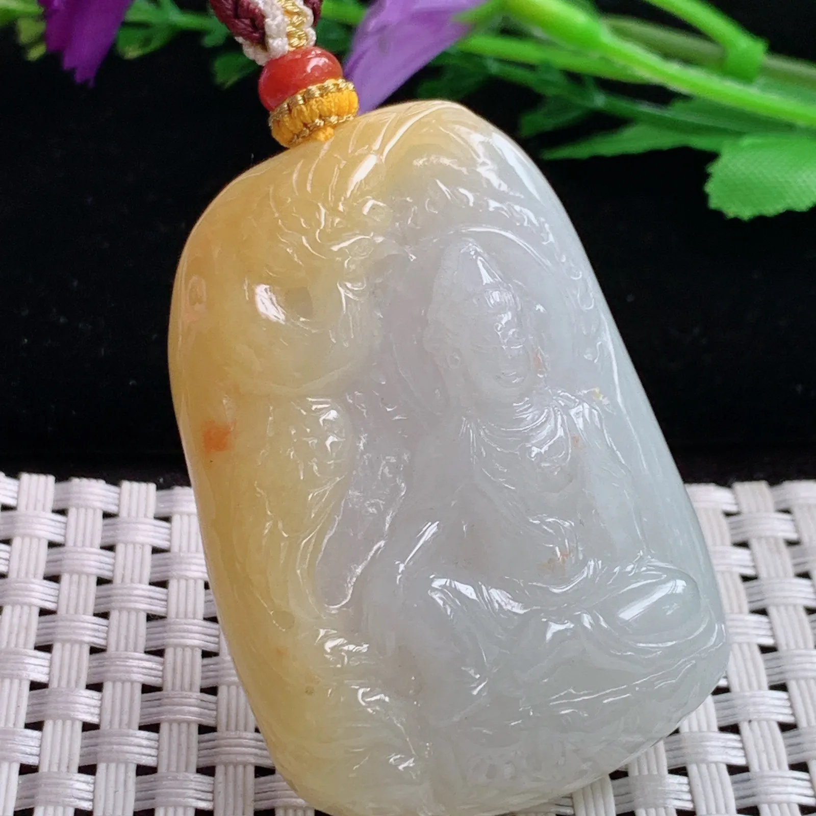 yf实拍50.8*35*10天然翡翠冰透黄翡倚凤观音吊坠 自在观音菩萨