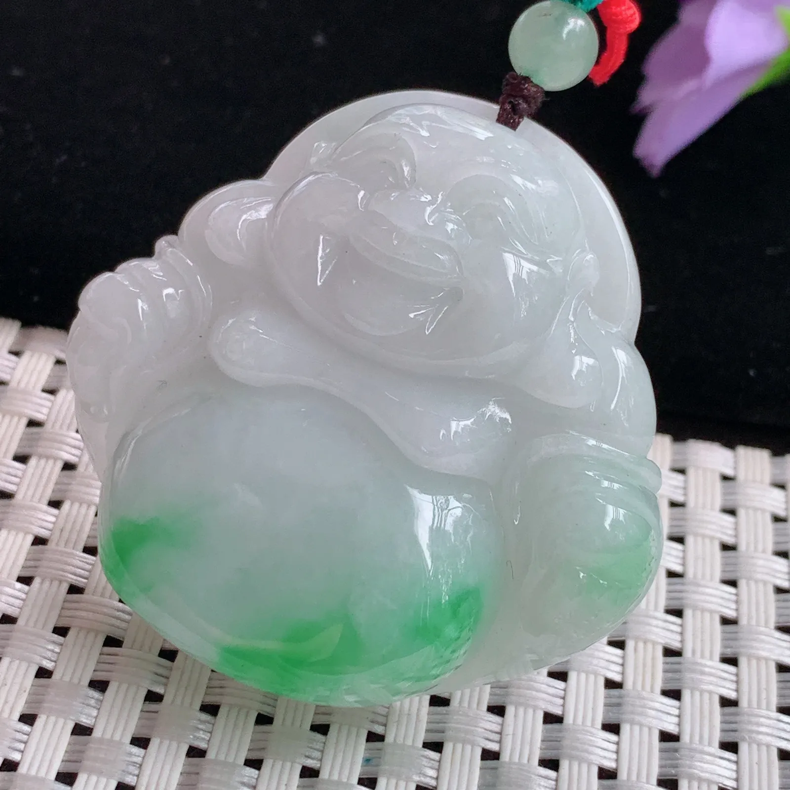 Zen实拍44.5*48*12.5老坑精雕饱满飘阳绿大佛公 翡翠尼勒佛玉吊坠