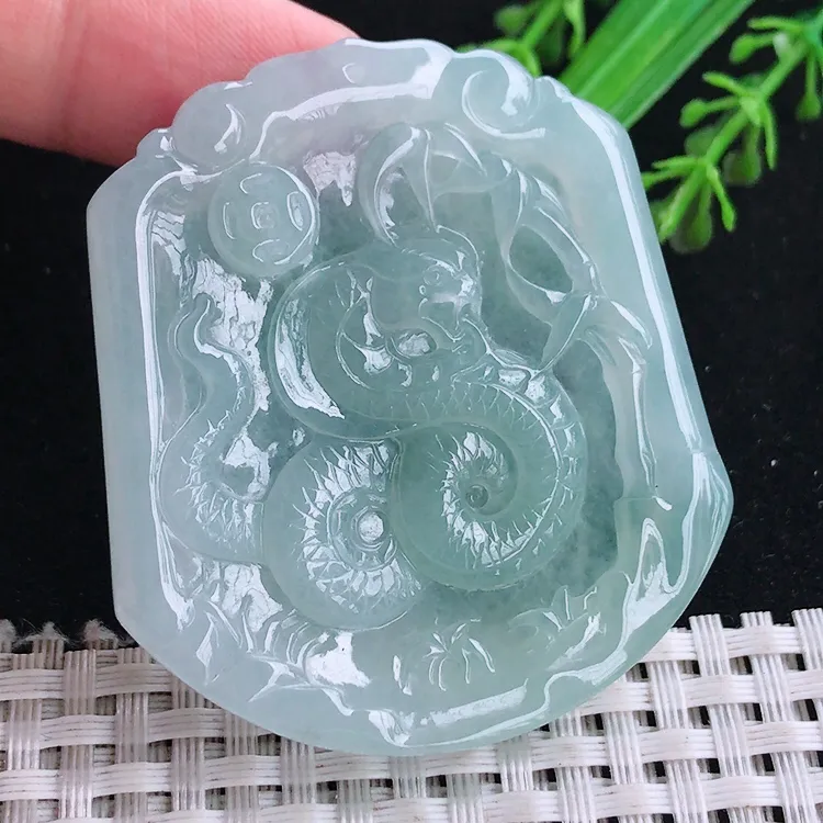自然光54/47.6/5.7老坑冰胶水灵冰晴生肖蛇牌吊坠翡翠玉坠挂件
