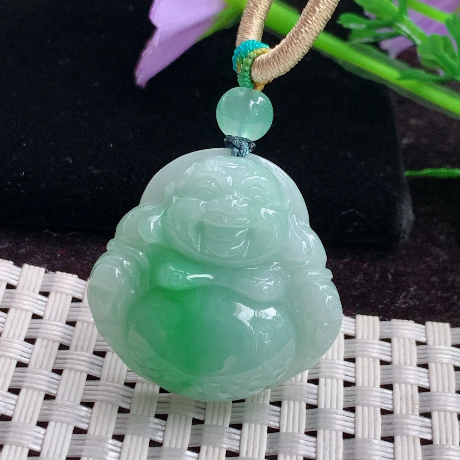 Zen实拍28.5*28.8*8.8老坑精雕饱满飘阳绿小佛公翡翠尼勒佛玉吊坠
