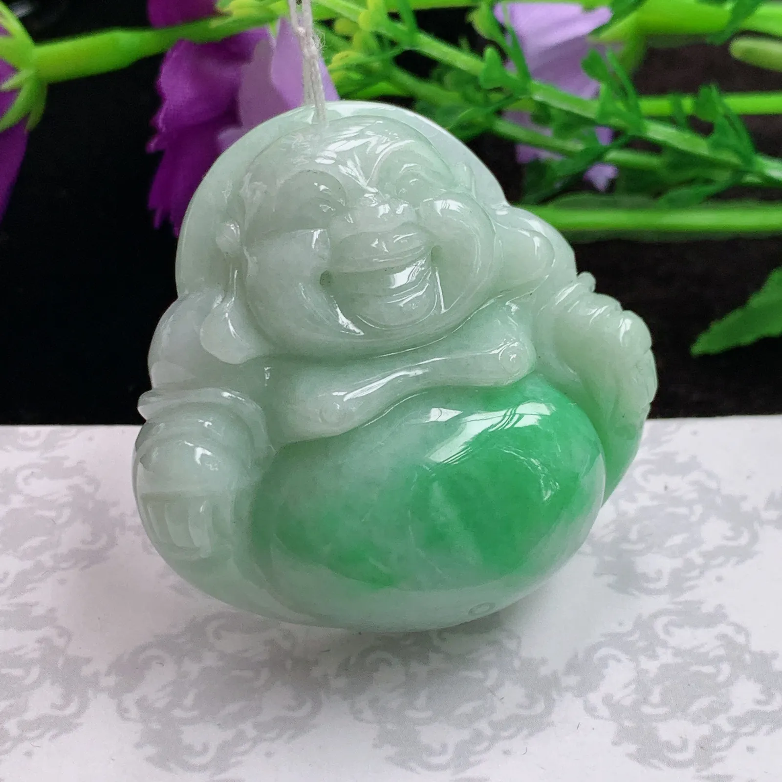 Zen实拍39.5*40.2*12.6老坑精雕饱满飘阳绿大佛公 翡翠尼勒佛玉坠