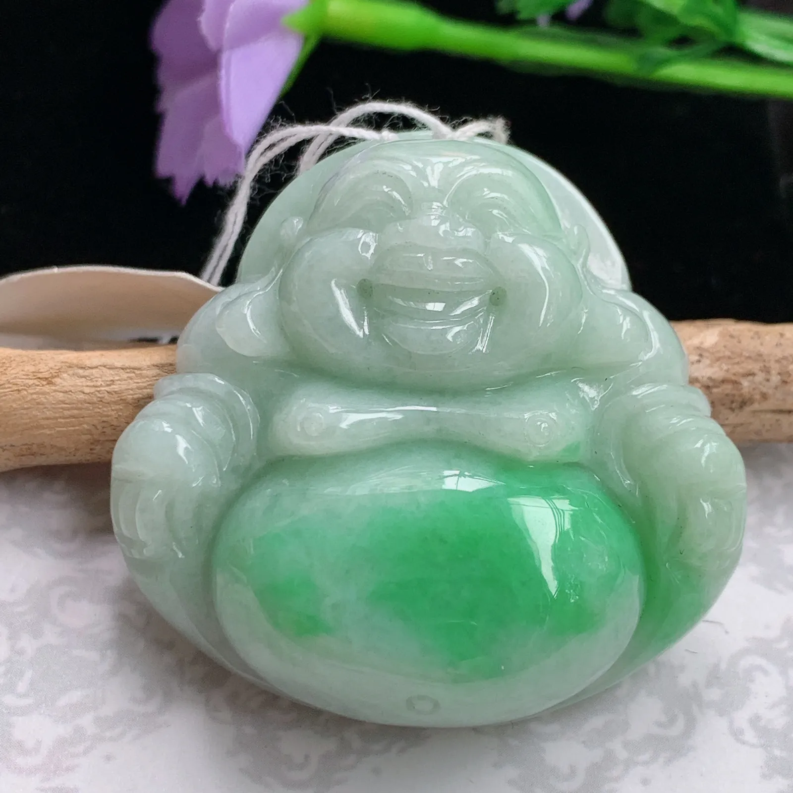 Zen实拍39.5*40.2*12.6老坑精雕饱满飘阳绿大佛公 翡翠尼勒佛玉坠