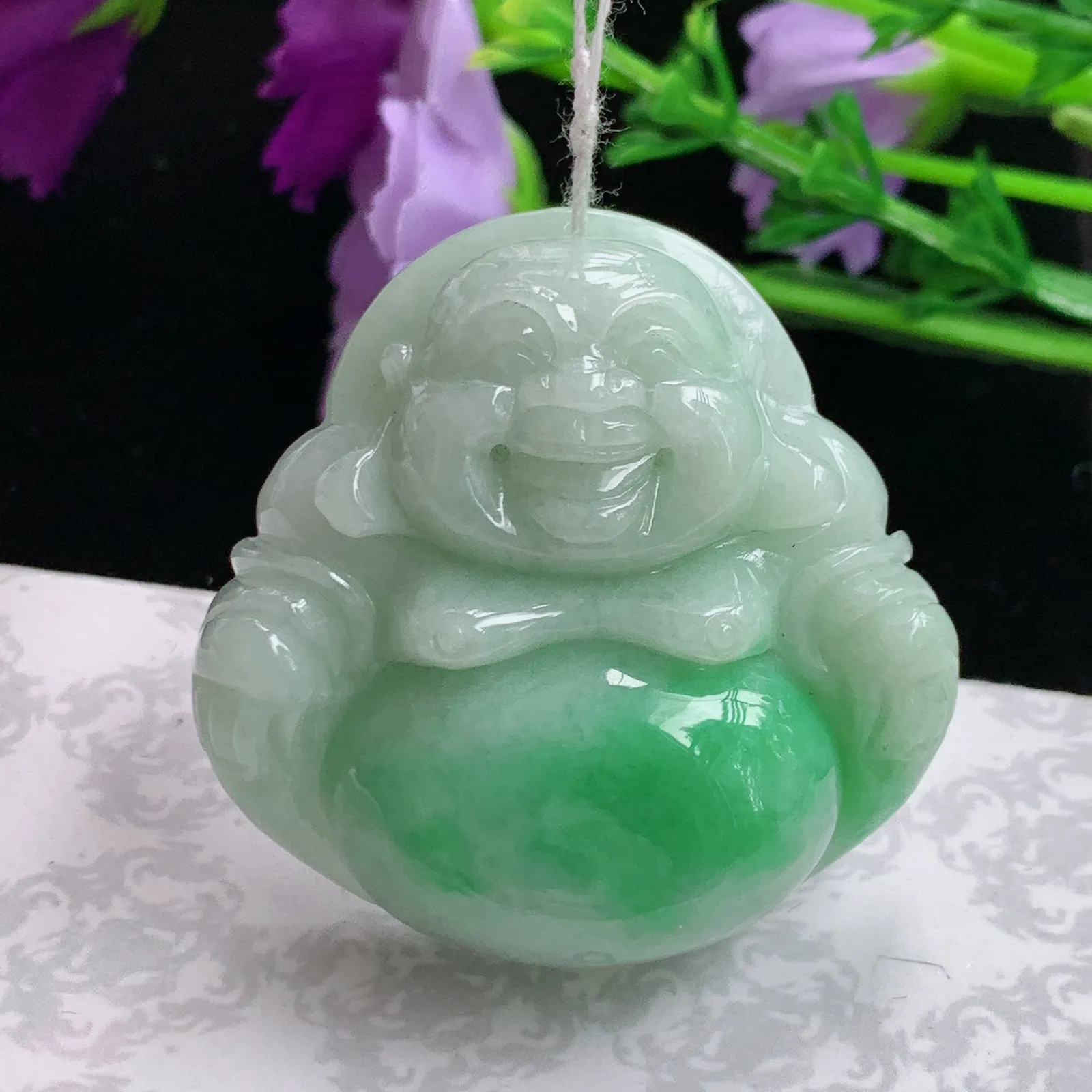 Zen实拍39.5*40.2*12.6老坑精雕饱满飘阳绿大佛公 翡翠尼勒佛玉坠