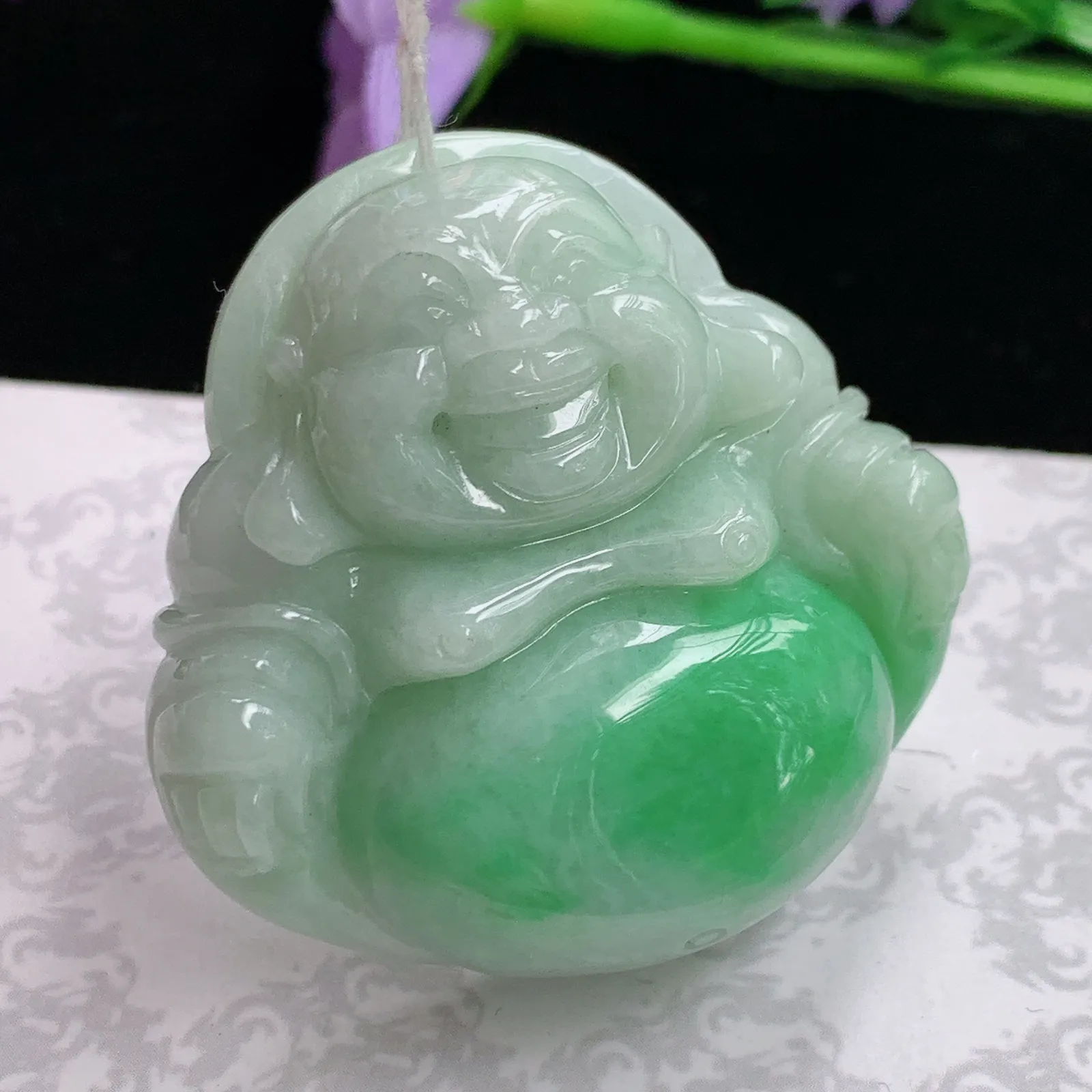 Zen实拍39.5*40.2*12.6老坑精雕饱满飘阳绿大佛公 翡翠尼勒佛玉坠