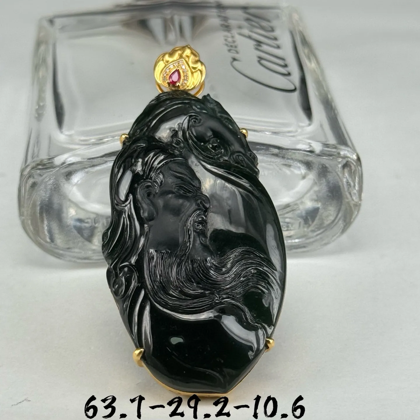 精品18k墨翠关公吊坠 种好色正 黑度极好 打灯通透 油性十足 尺寸63.7