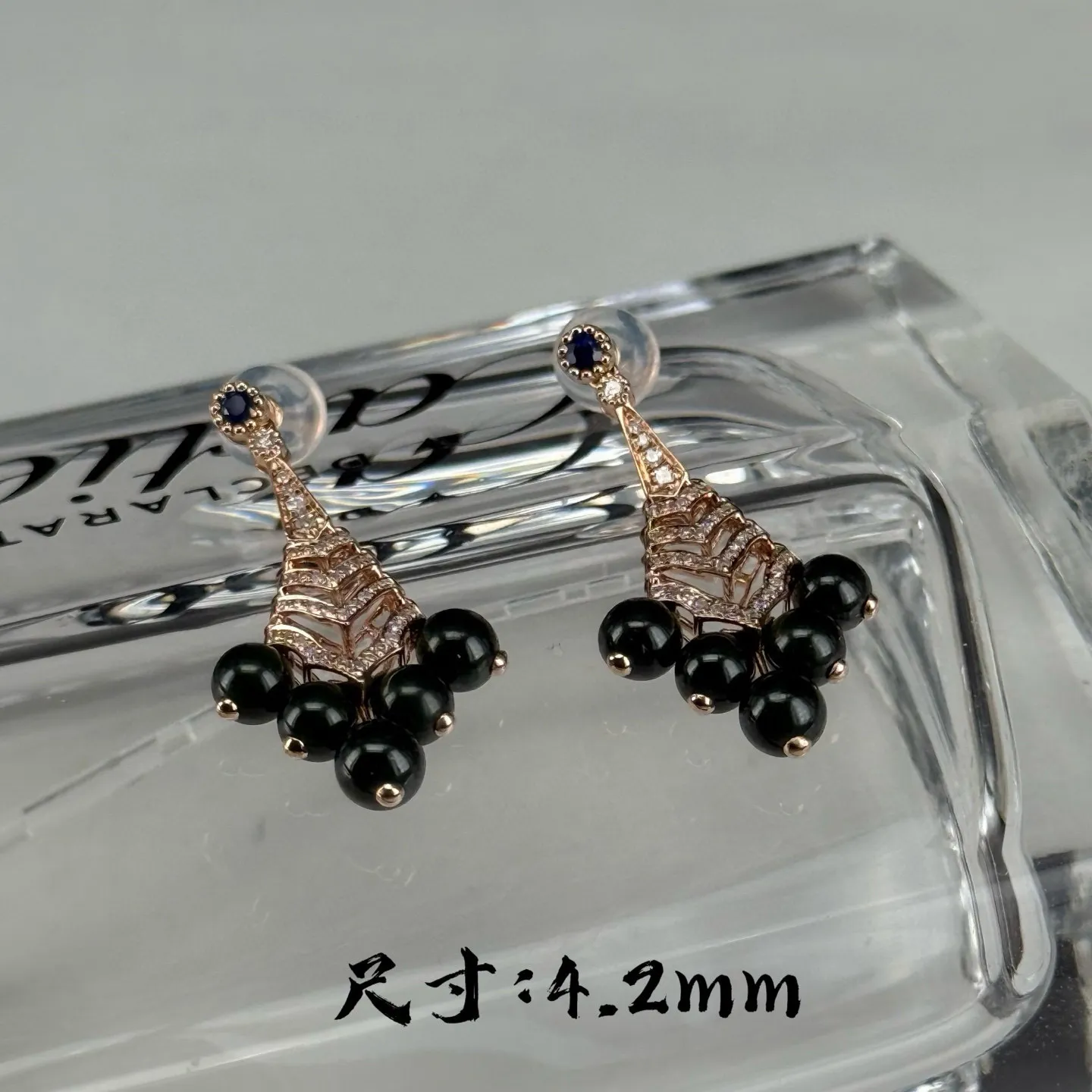 精品18k墨翠珠子耳坠 种好色正 打灯通透 油性十足 打灯通透 尺寸4.2