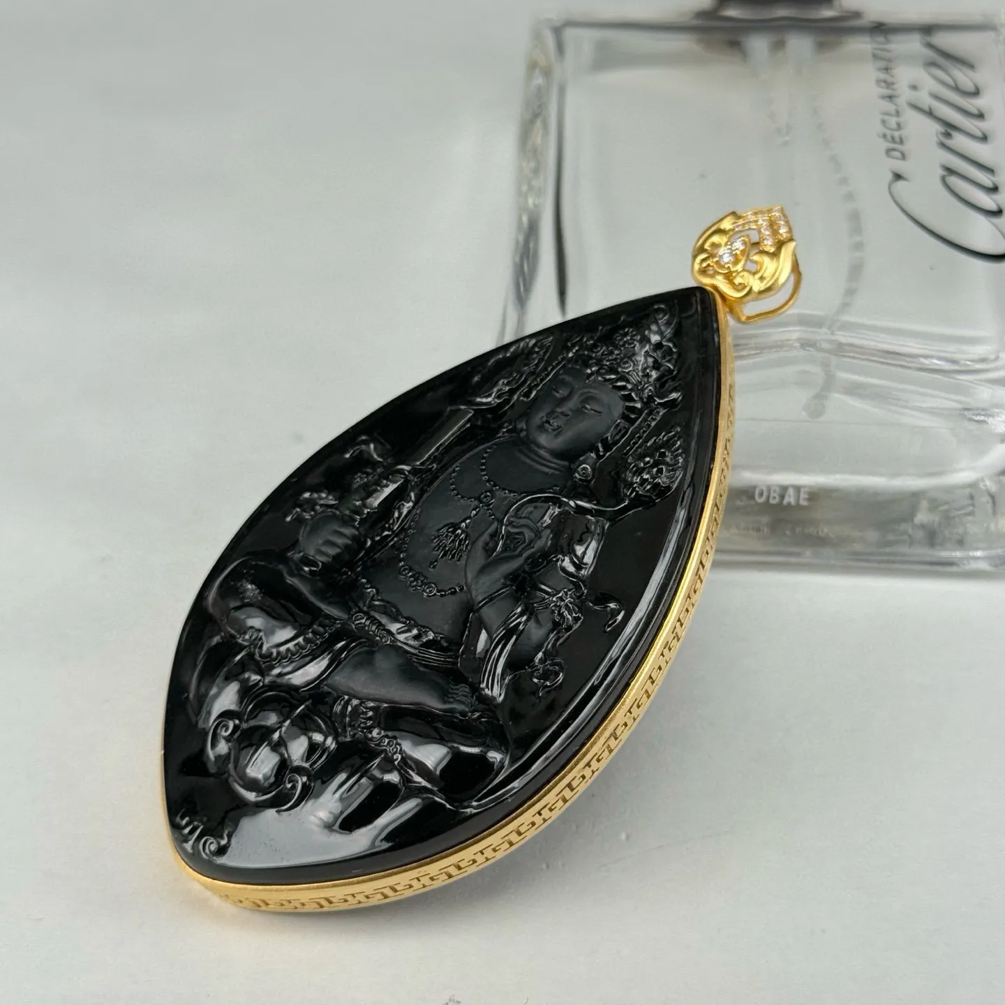 精品18k墨翠虚空藏菩萨 种好色正 黑度极好 打灯通透 油性十足 尺寸81