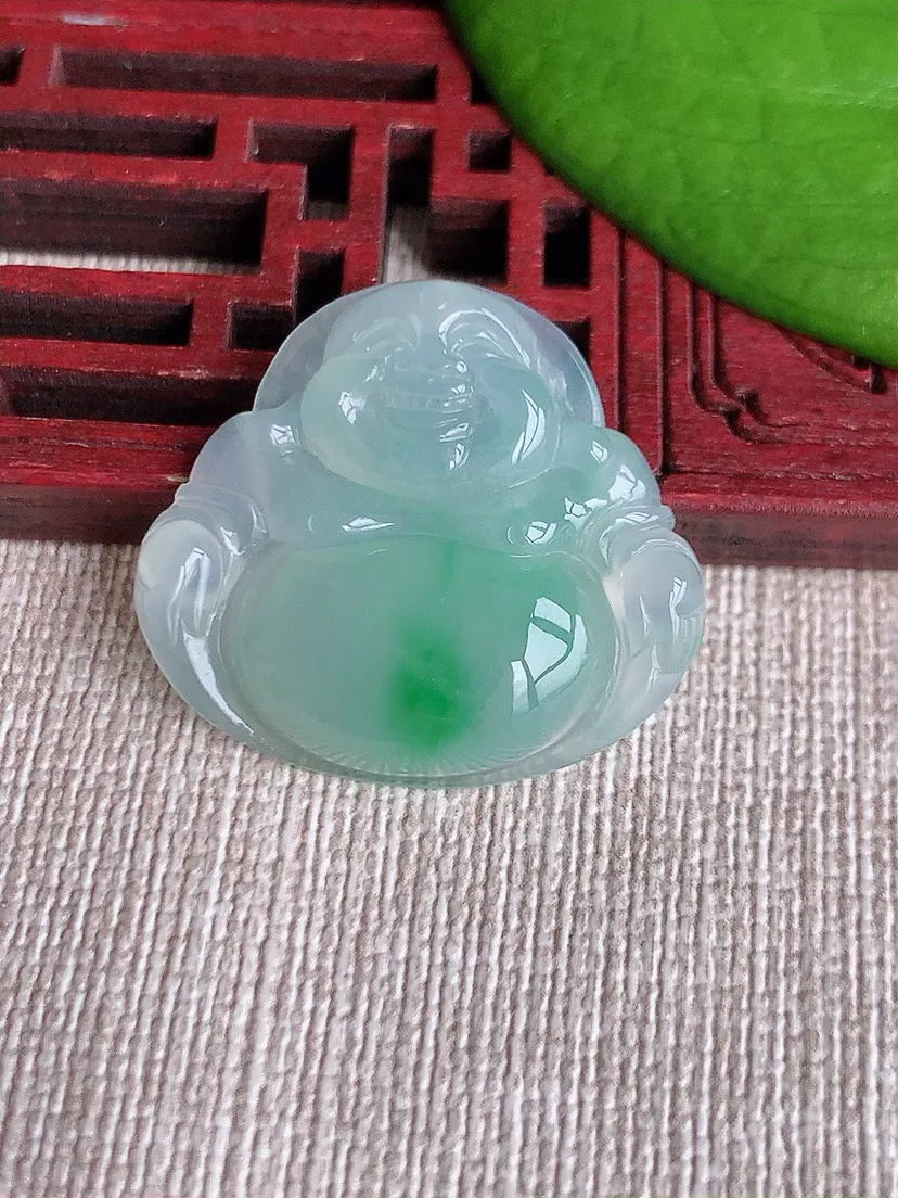 a货翡翠老坑冰种飘绿佛公吊坠 尺寸25.3×28×5mm 重量5.65g 0619