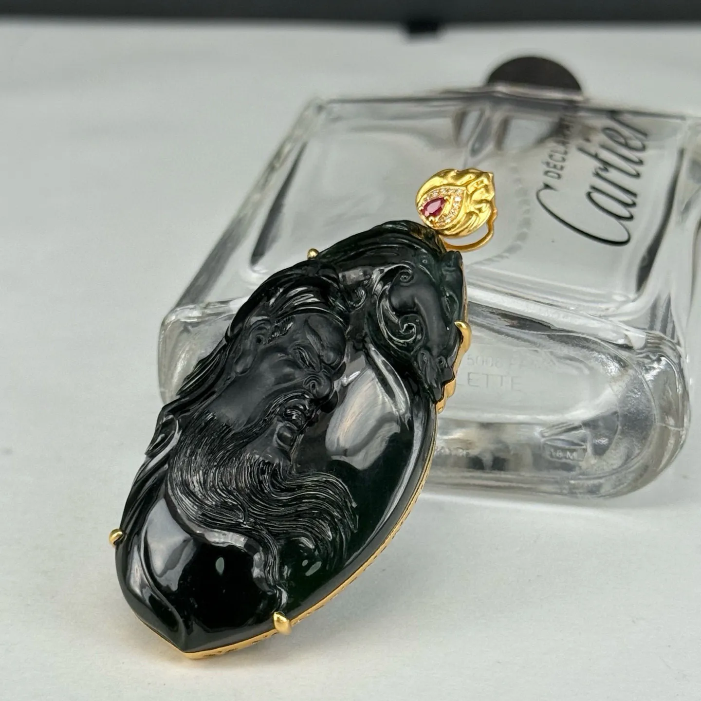 精品18k墨翠关公吊坠 种好色正 黑度极好 打灯通透 油性十足 尺寸63.7