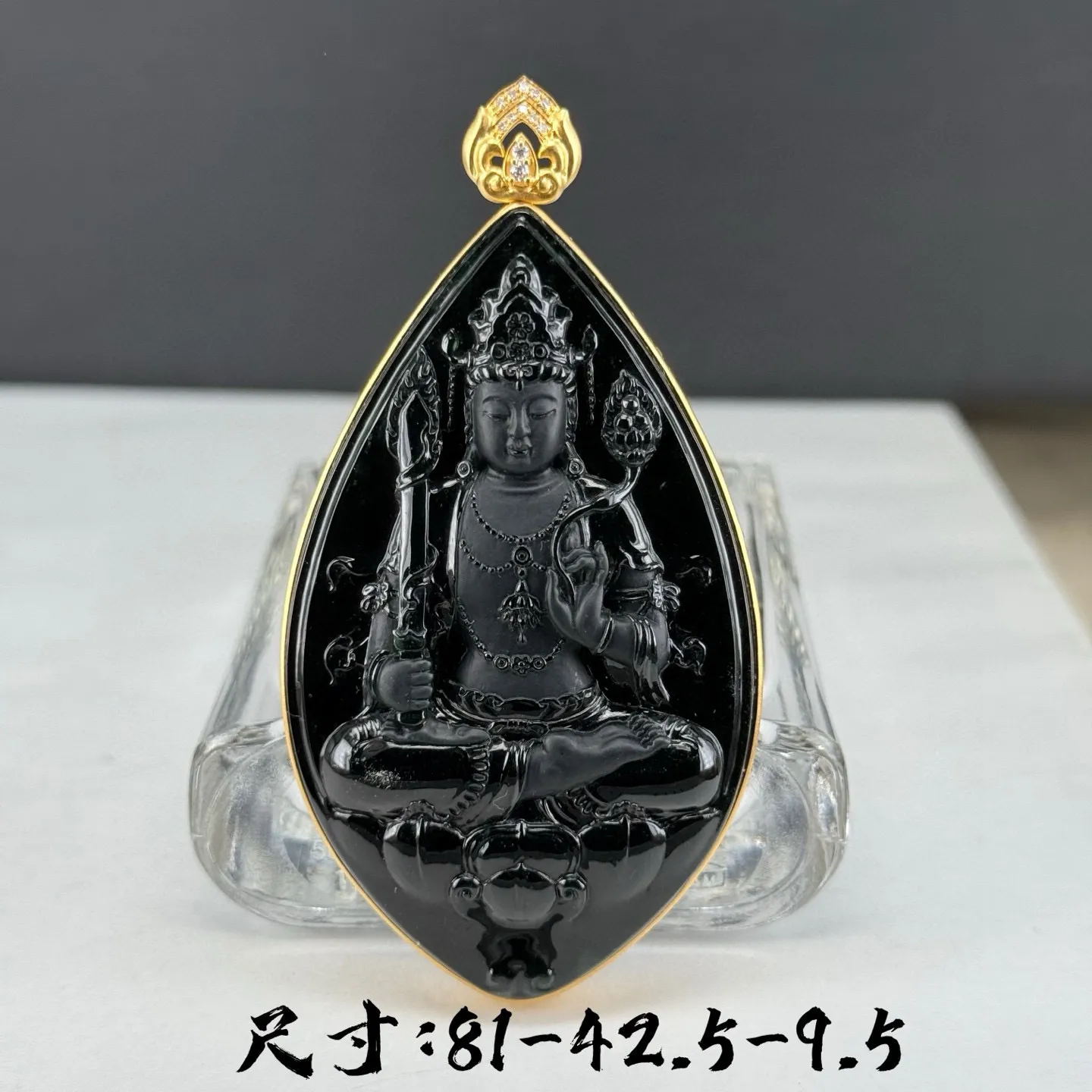 精品18k墨翠虚空藏菩萨 种好色正 黑度极好 打灯通透 油性十足 尺寸81