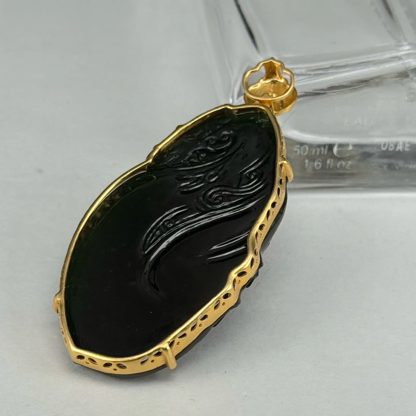 精品18k墨翠关公吊坠 种好色正 黑度极好 打灯通透 油性十足 尺寸63.7