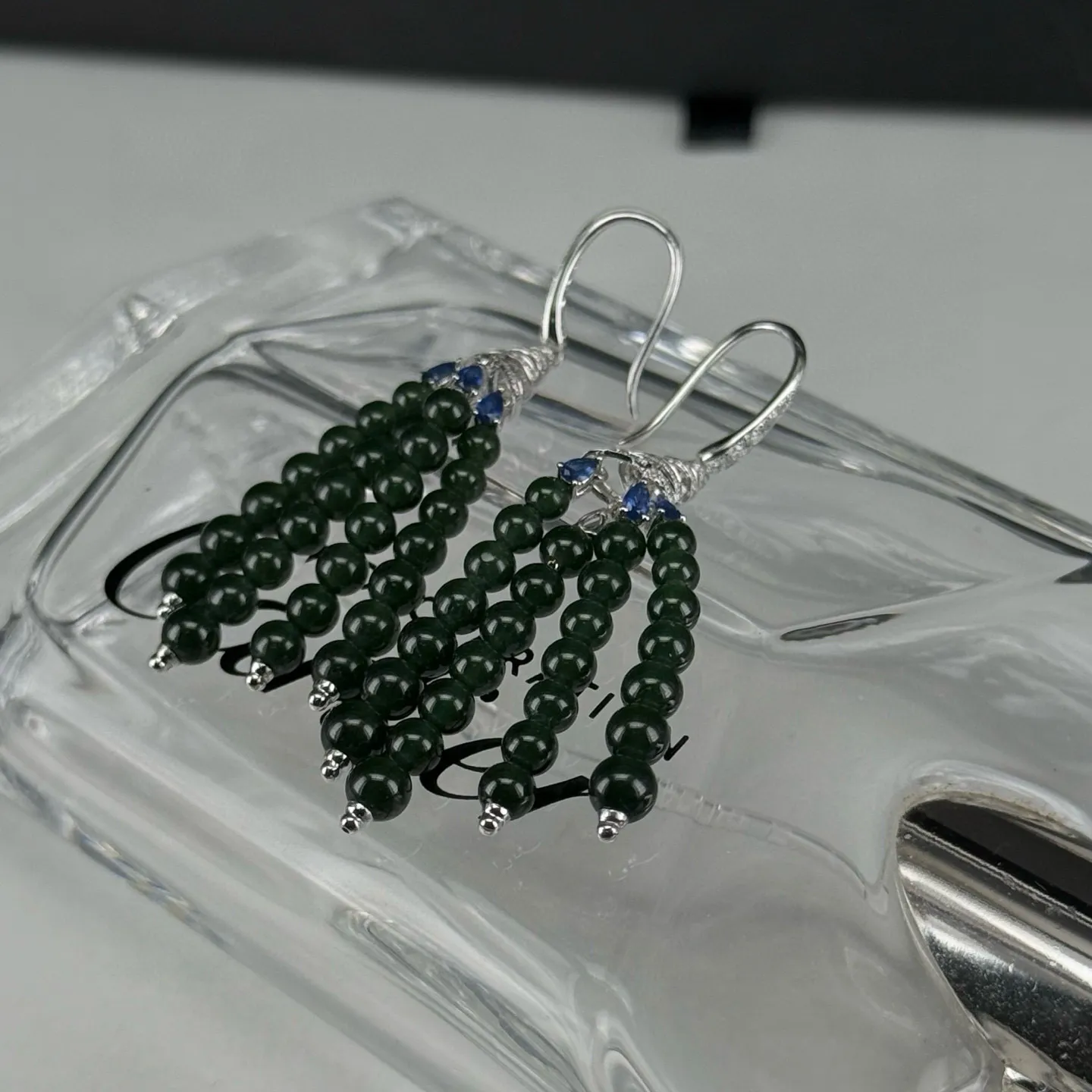 精品18k墨翠珠珠耳坠 种好色正 打灯通透 油性十足 尺寸4.1