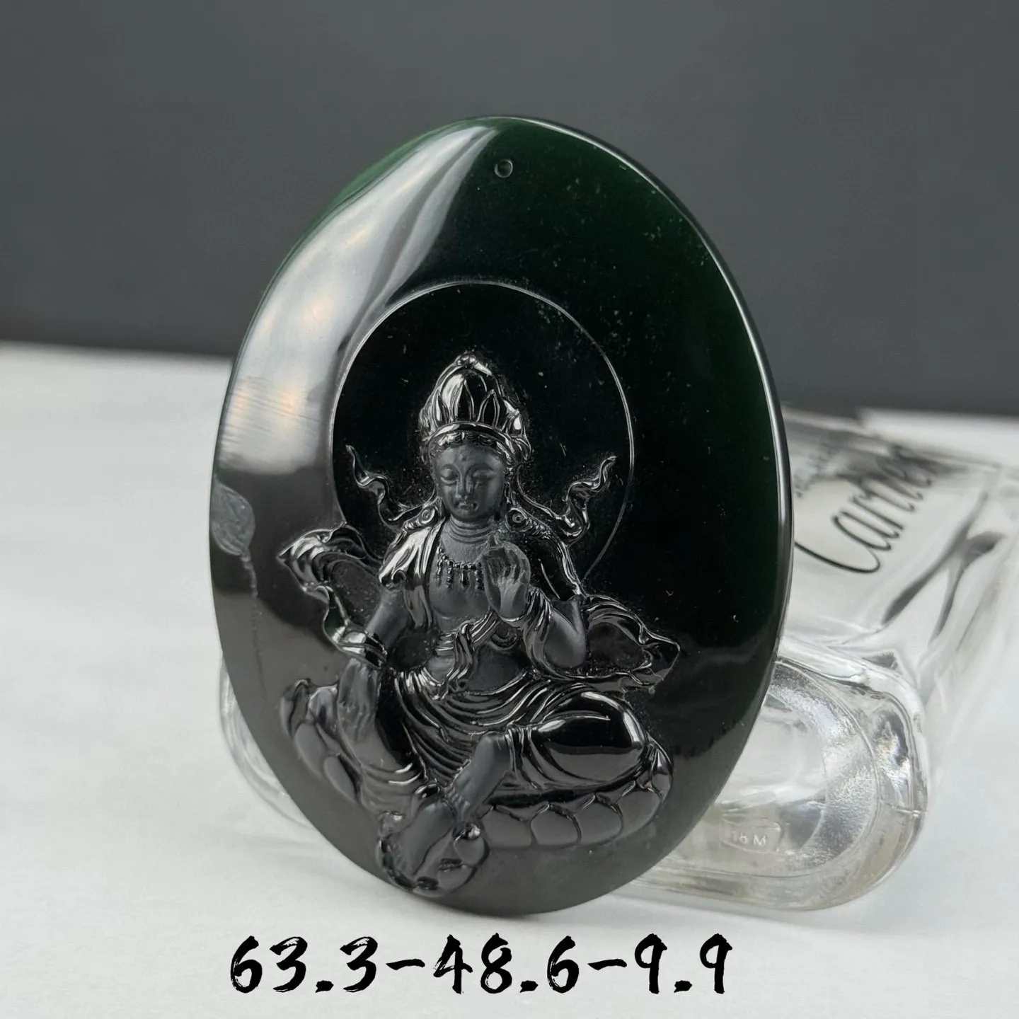 精品墨翠观音牌 种好色正 黑度极好 打灯通透 油性十足 尺寸63.3