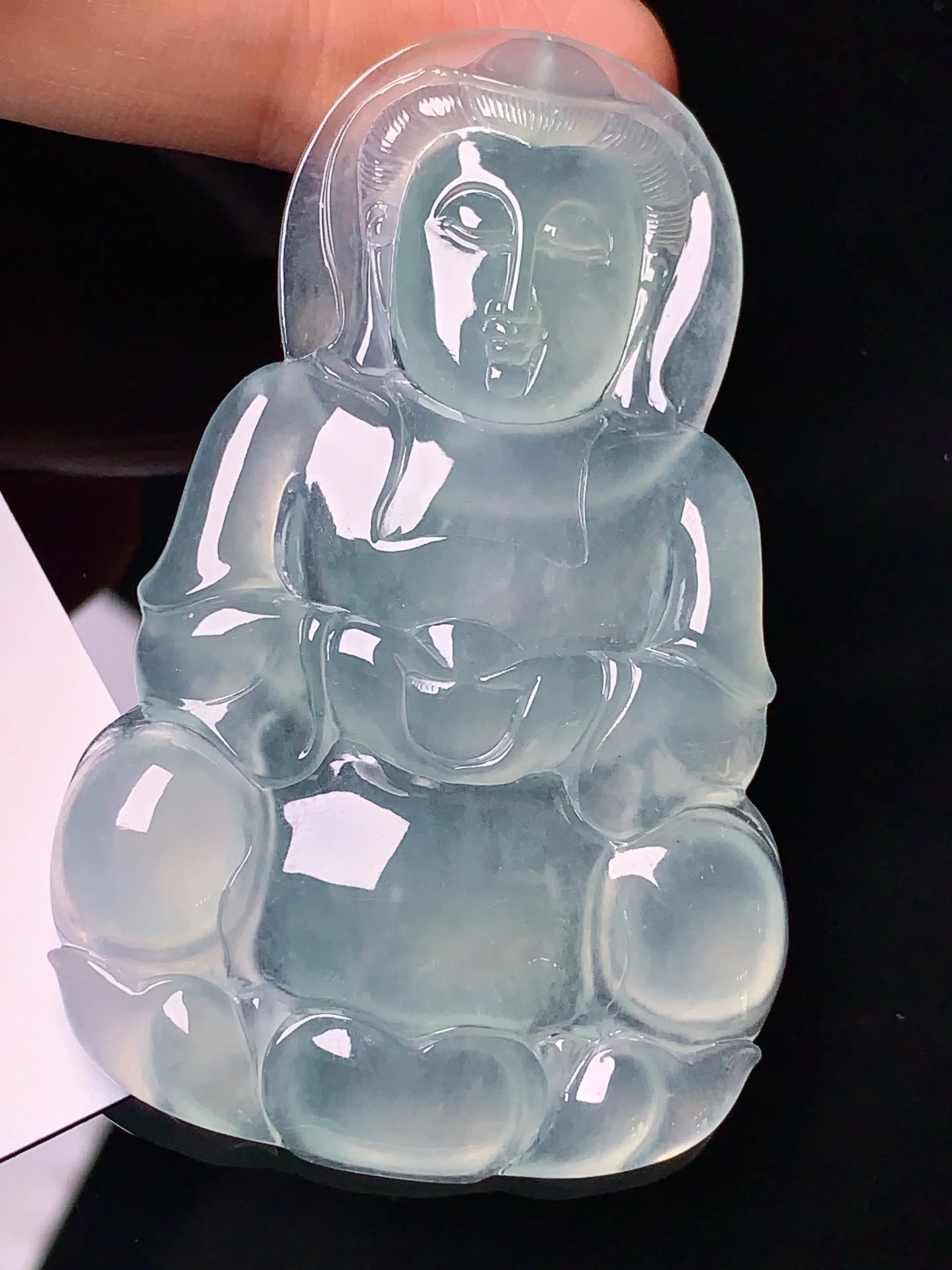 冰种观音菩萨吊坠 玉质细腻 色泽艳丽 整体尺寸60.2*37.3*5.6