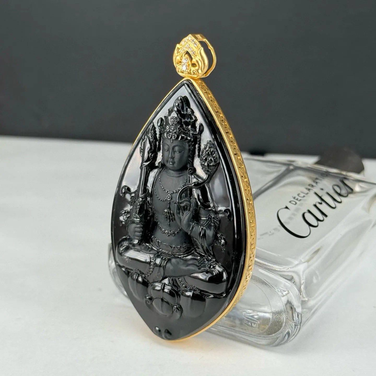 精品18k墨翠虚空藏菩萨 种好色正 黑度极好 打灯通透 油性十足 尺寸81