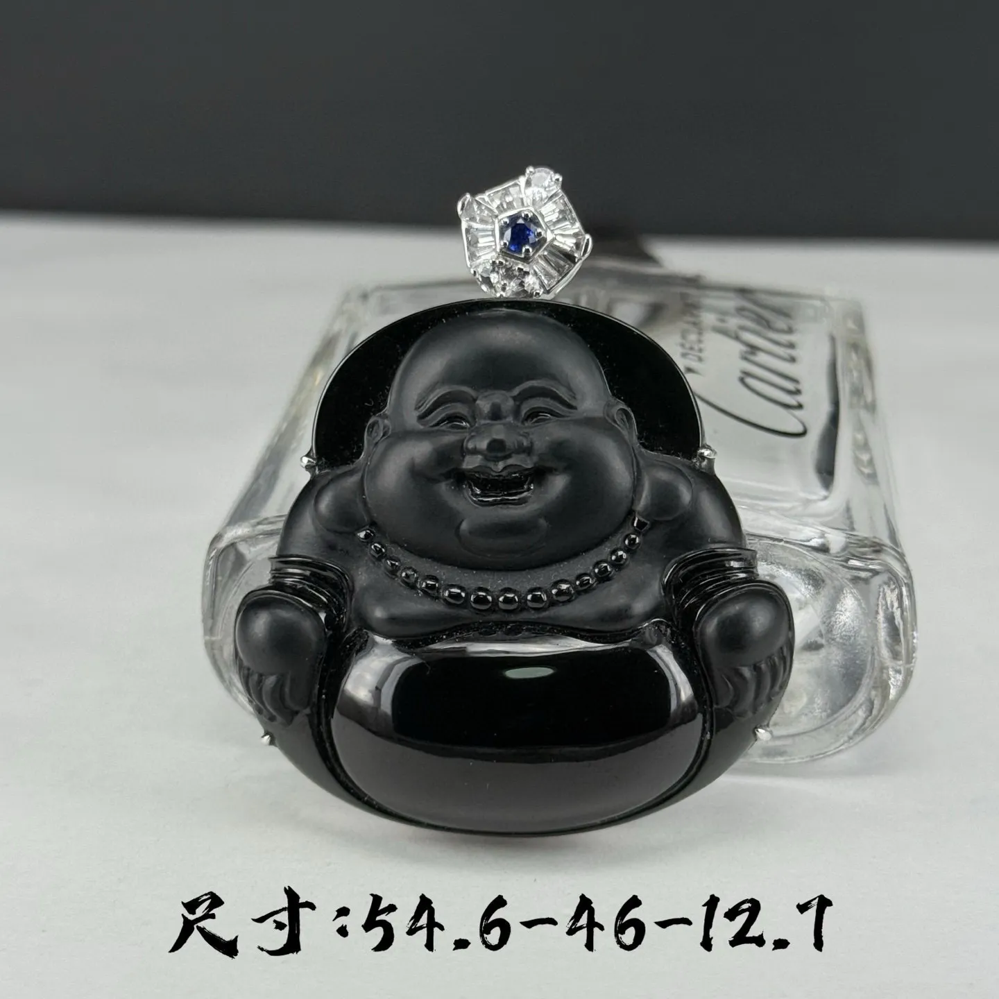 墨翠大肚佛 种好色正 黑度极好 打灯通透 油性十足 尺寸54.6