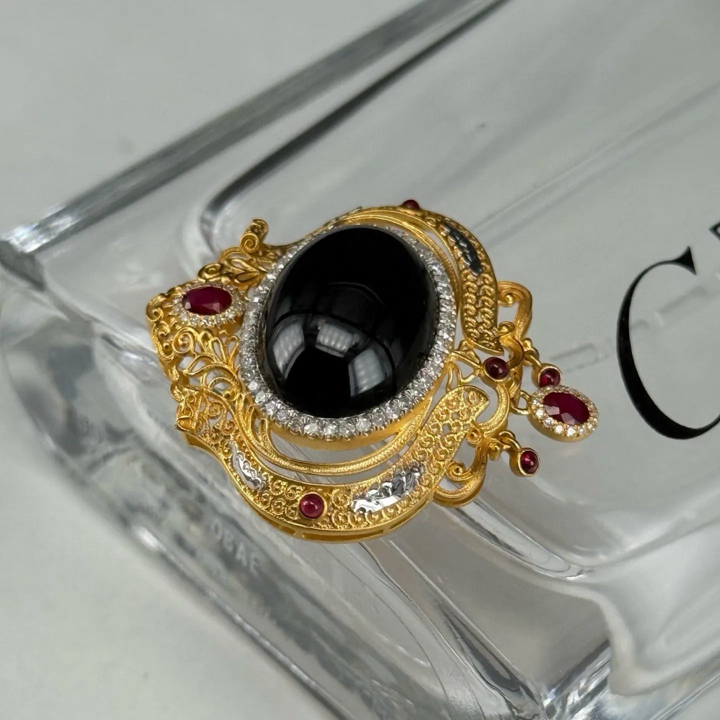 精品18k墨翠蛋面如意吊坠 种好色正 黑度极好 打灯通透 油性十足 尺寸26