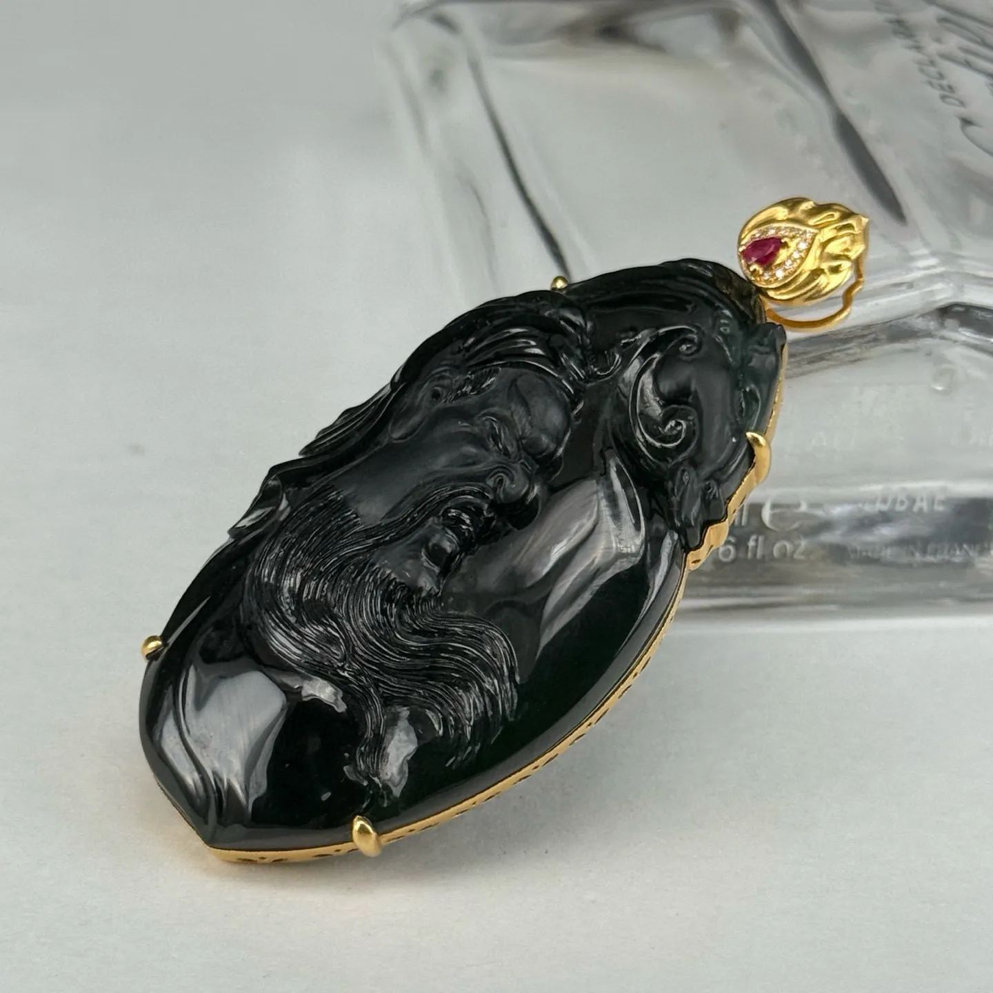 精品18k墨翠关公吊坠 种好色正 黑度极好 打灯通透 油性十足 尺寸63.7