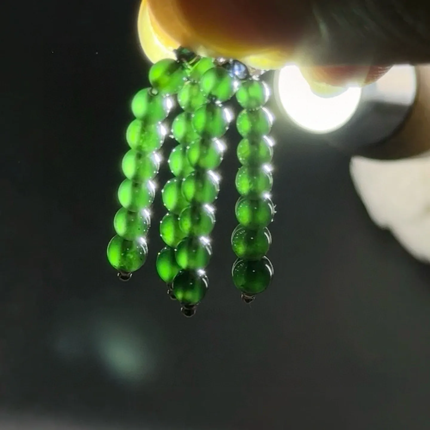精品18k墨翠珠珠耳坠 种好色正 打灯通透 油性十足 尺寸4.1