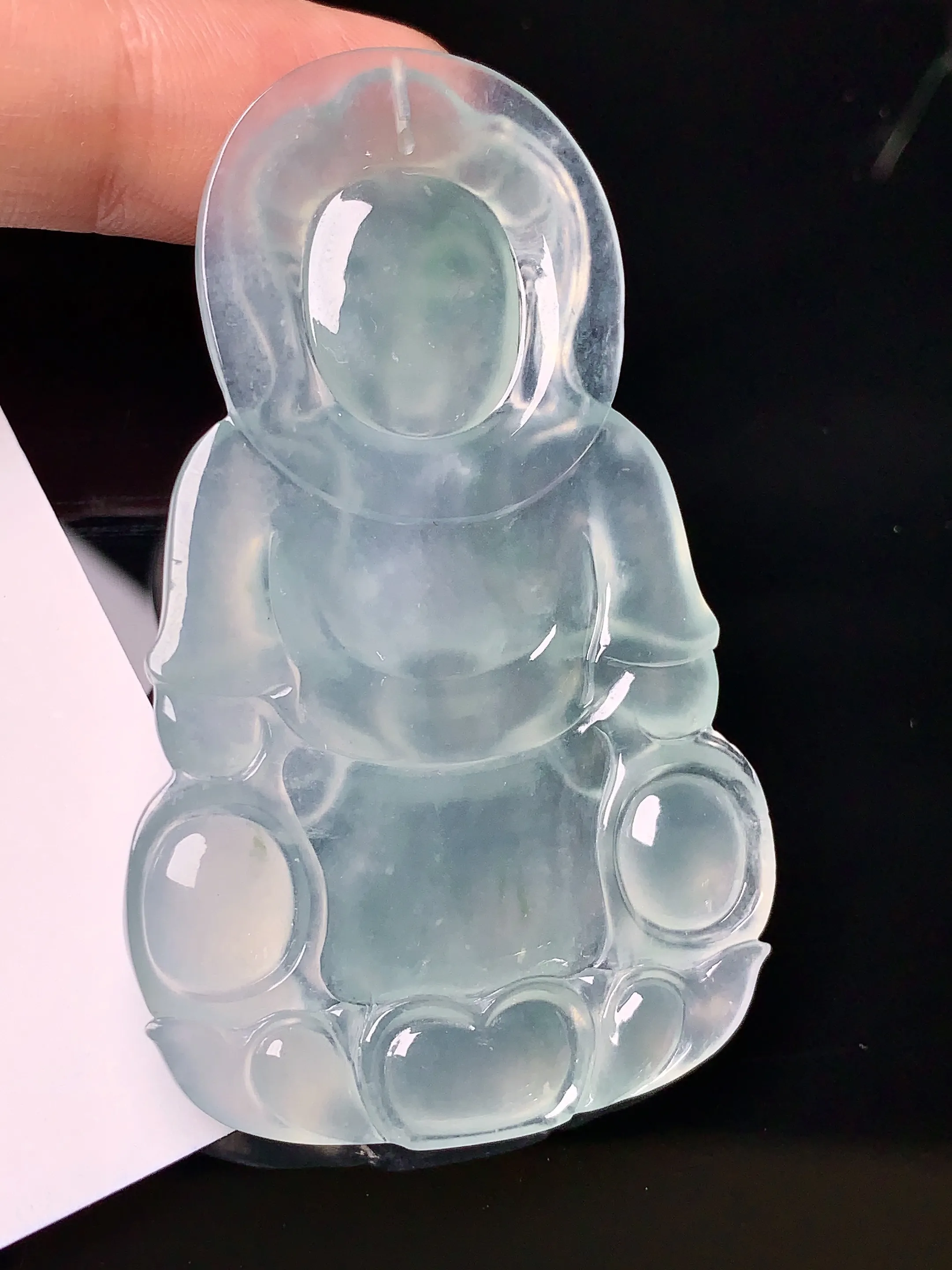 冰种观音菩萨吊坠 玉质细腻 色泽艳丽 整体尺寸60.2*37.3*5.6