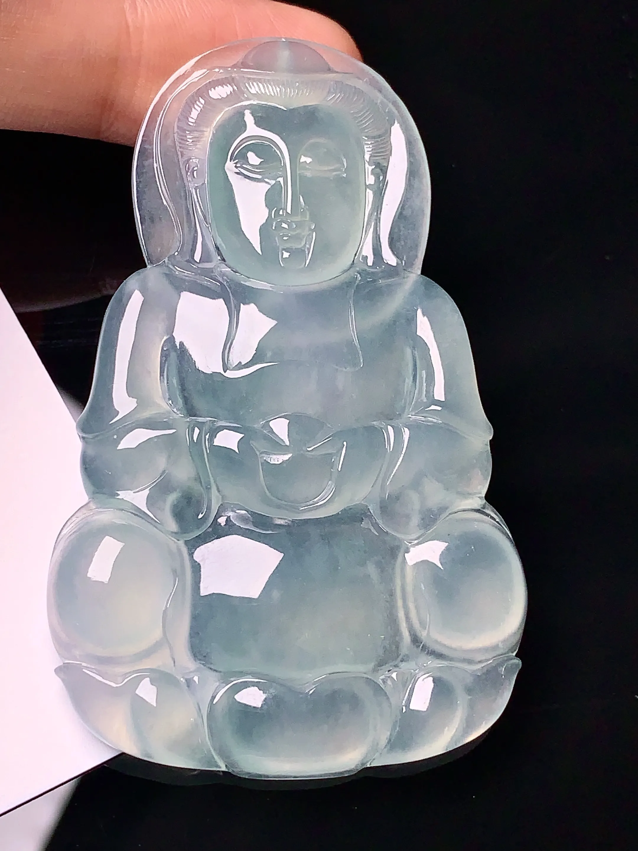 冰种观音菩萨吊坠 玉质细腻 色泽艳丽 整体尺寸60.2*37.3*5.6