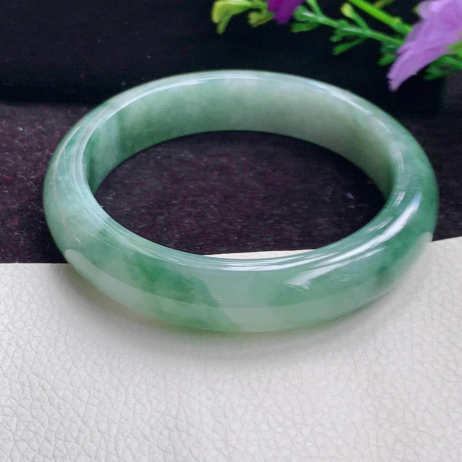 z实拍58*13*8平安镯 精美飘花灵动冰胶韵味百搭正圈翡翠玉手镯