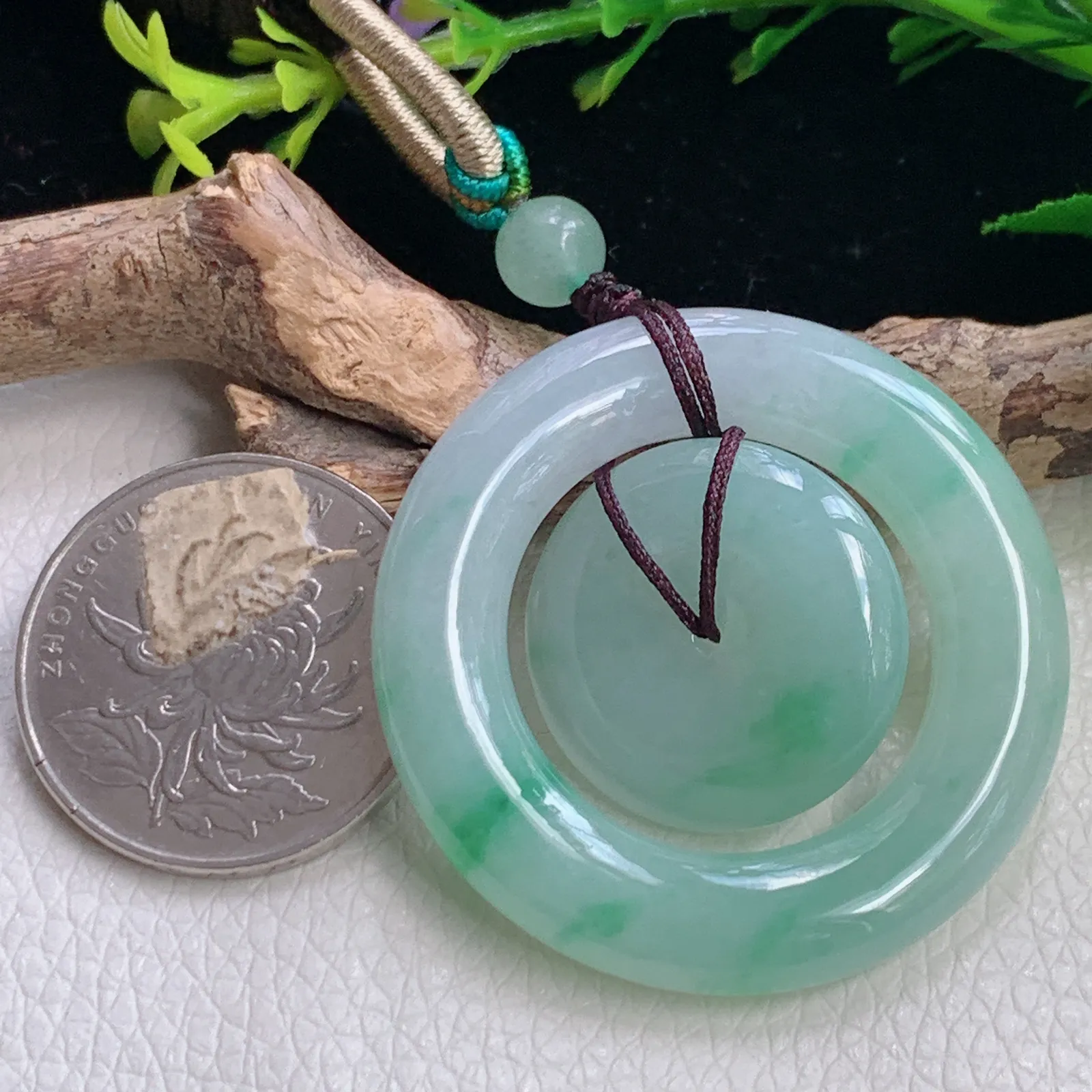 zen实拍38*6天然翡翠胶感飘花饱满子母扣玉吊坠平安扣玉挂件