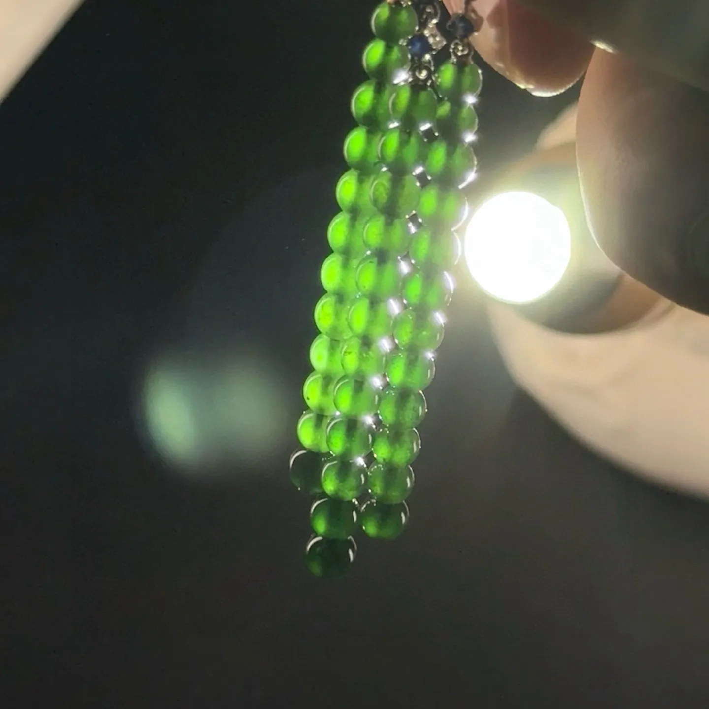 精品18k墨翠珠珠耳坠 种好色正 打灯通透 油性十足