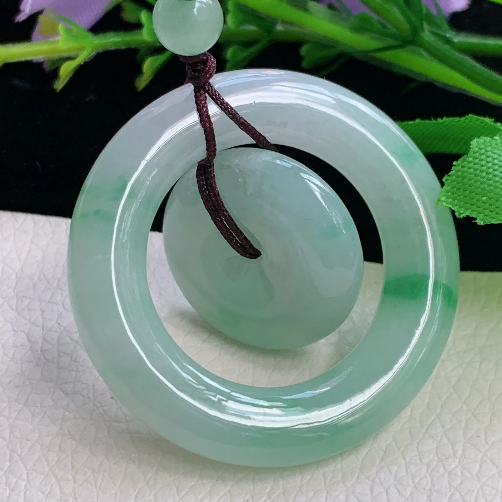 zen实拍38*6天然翡翠胶感飘花饱满子母扣玉吊坠平安扣玉挂件