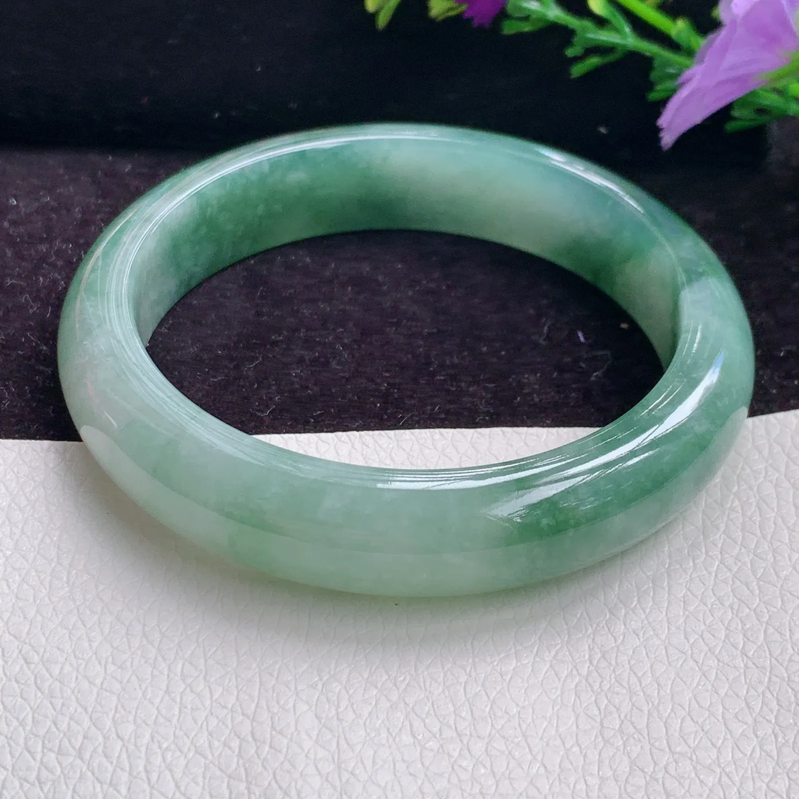 z实拍58*13*8平安镯 精美飘花灵动冰胶韵味百搭正圈翡翠玉手镯