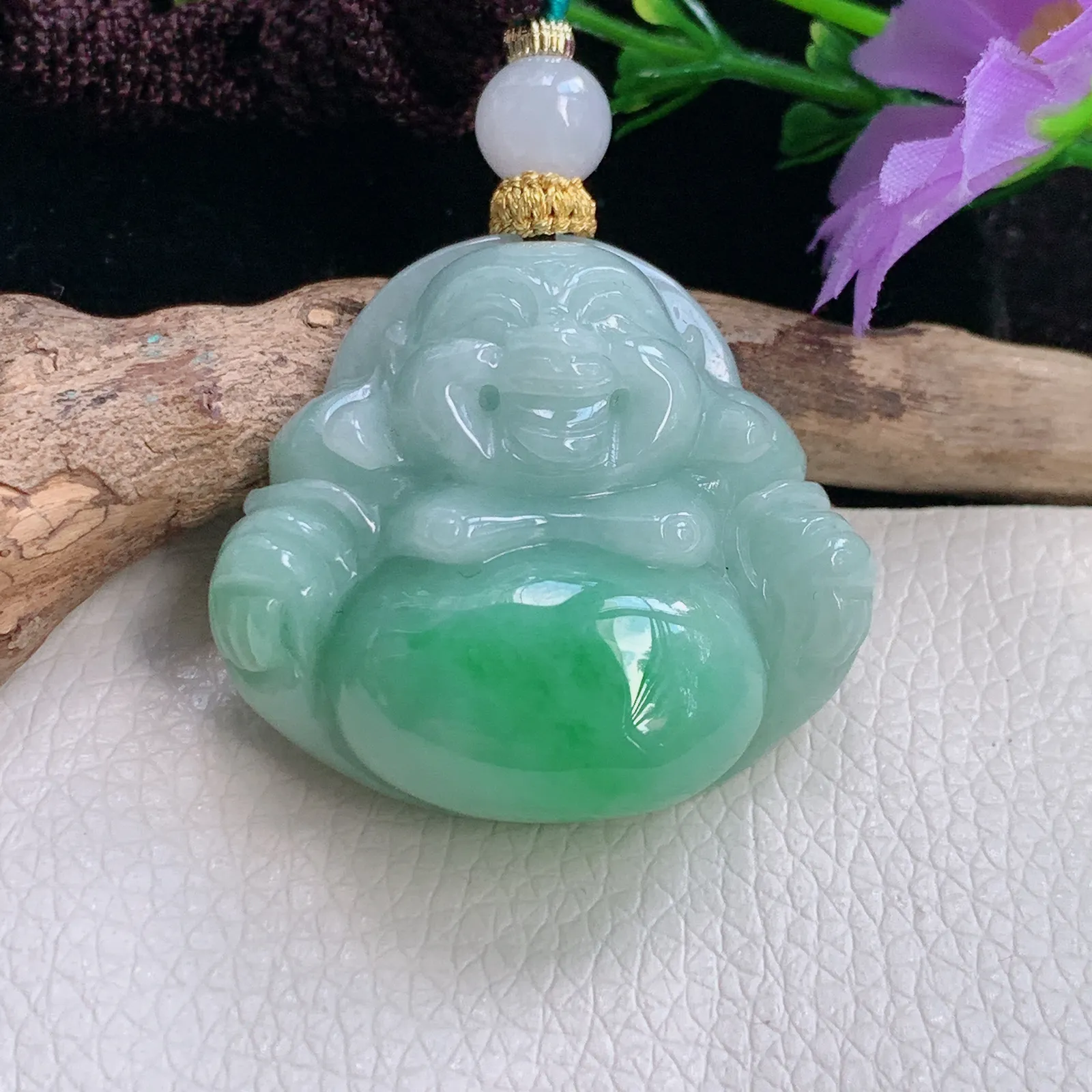 zen实拍33*35.8*13天然翡翠胶感半山水饱满佛公玉吊坠尼勒佛玉坠