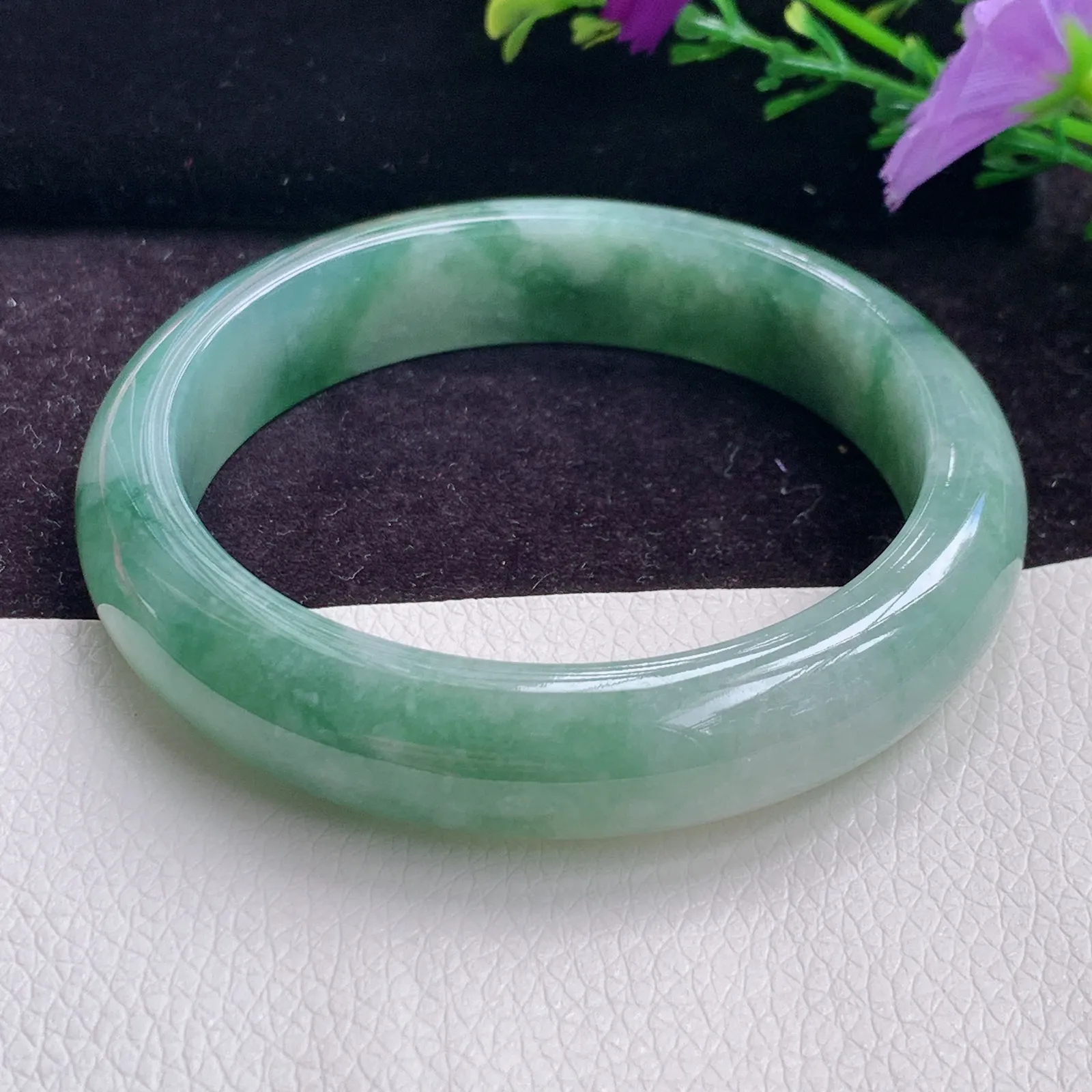 z实拍58*13*8平安镯 精美飘花灵动冰胶韵味百搭正圈翡翠玉手镯