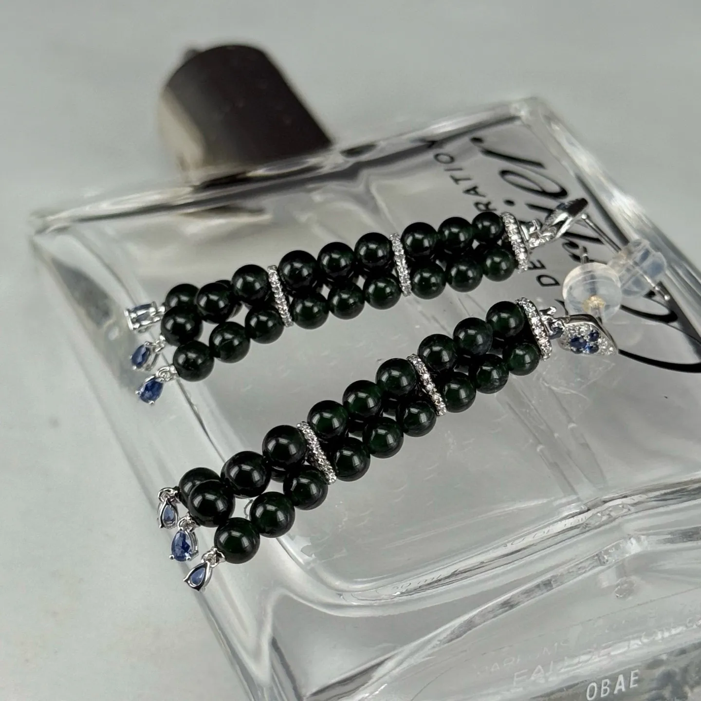 精品18k墨翠珠珠耳坠 种好色正 打灯通透 油性十足 尺寸4mm