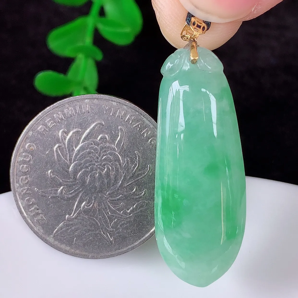 自然光实拍，18K金镶嵌冰润冰糯种飘绿翡翠招财福瓜吊坠，翡翠福瓜招财瓜，冰润且起胶感，佩戴效果优雅迷人！#49.19整体38.8*裸石33*12.6*5