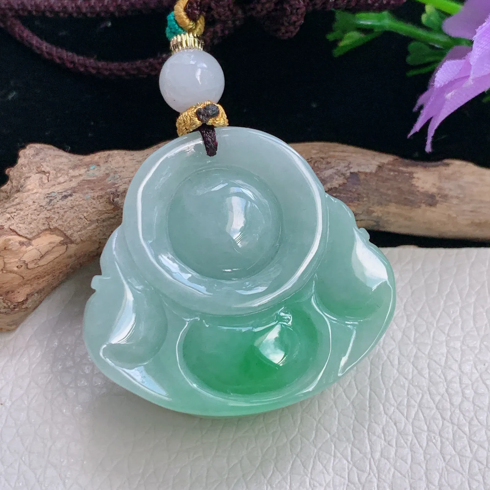 zen实拍33*35.8*13天然翡翠胶感半山水饱满佛公玉吊坠尼勒佛玉坠