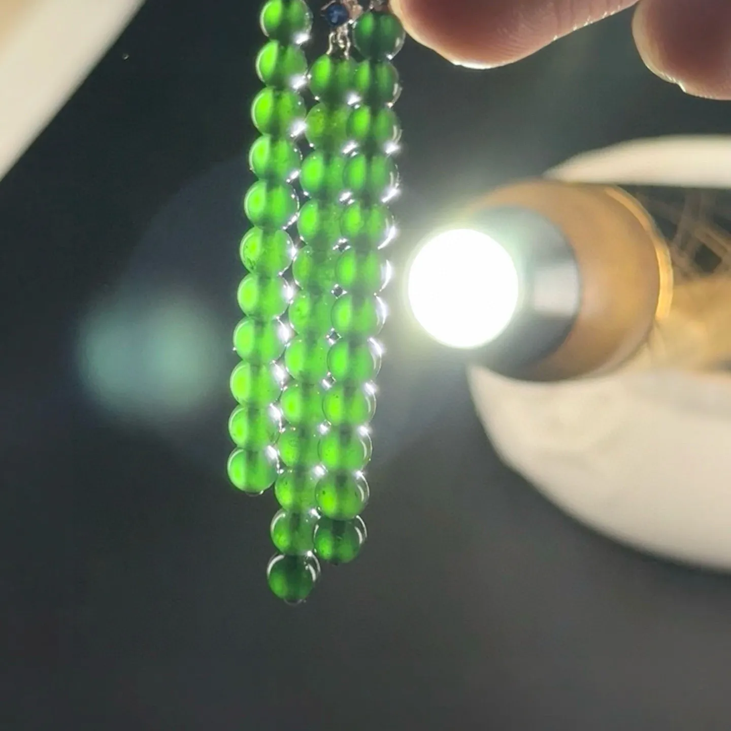精品18k墨翠珠珠耳坠 种好色正 打灯通透 油性十足