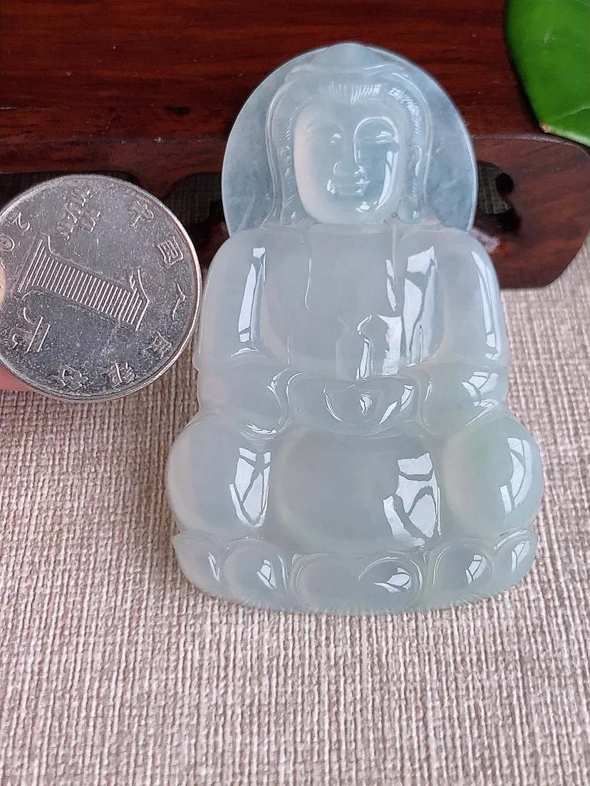 a货翡翠老坑冰种大正装观音吊坠 尺寸64.5×40×6mm 重量29.17g 0620