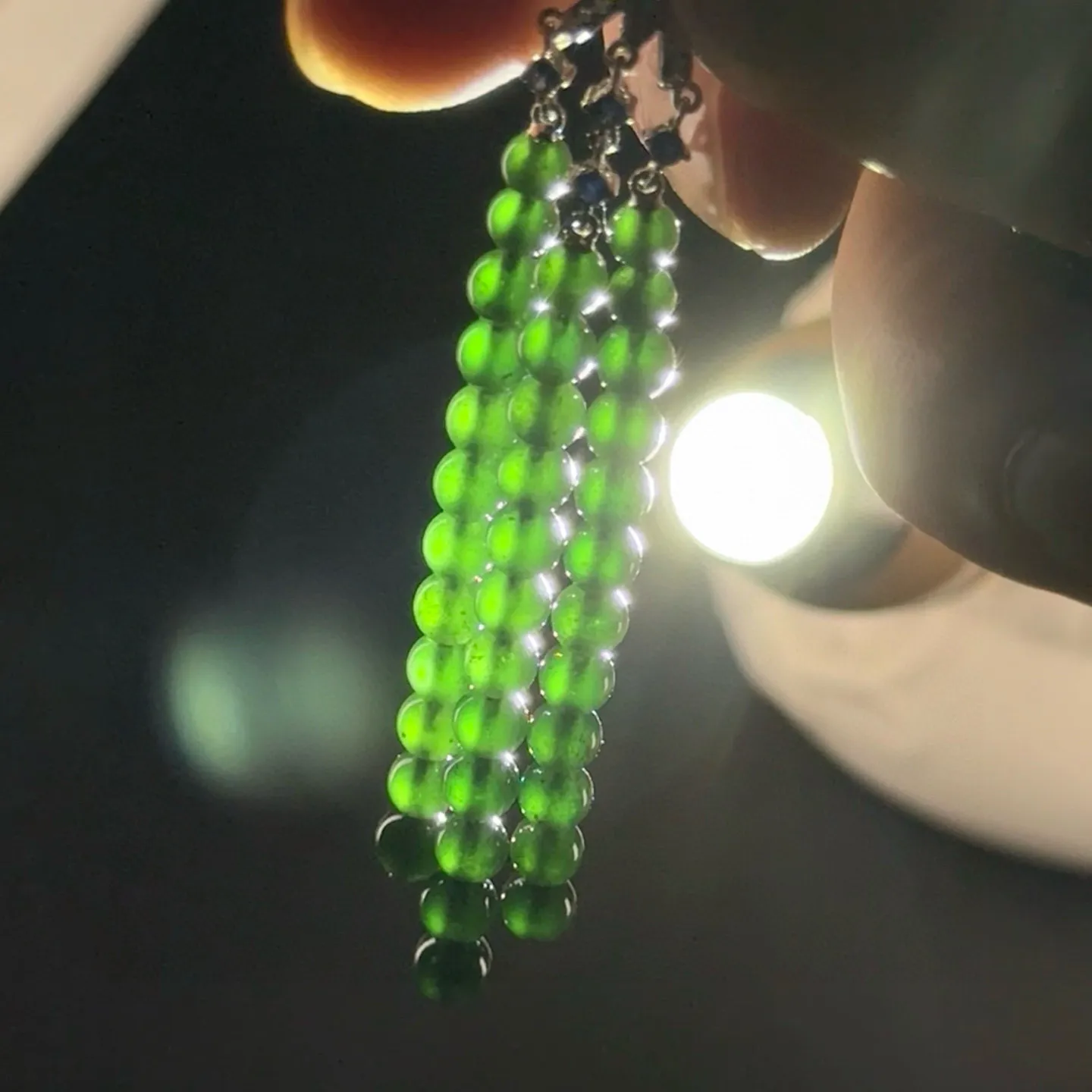 精品18k墨翠珠珠耳坠 种好色正 打灯通透 油性十足