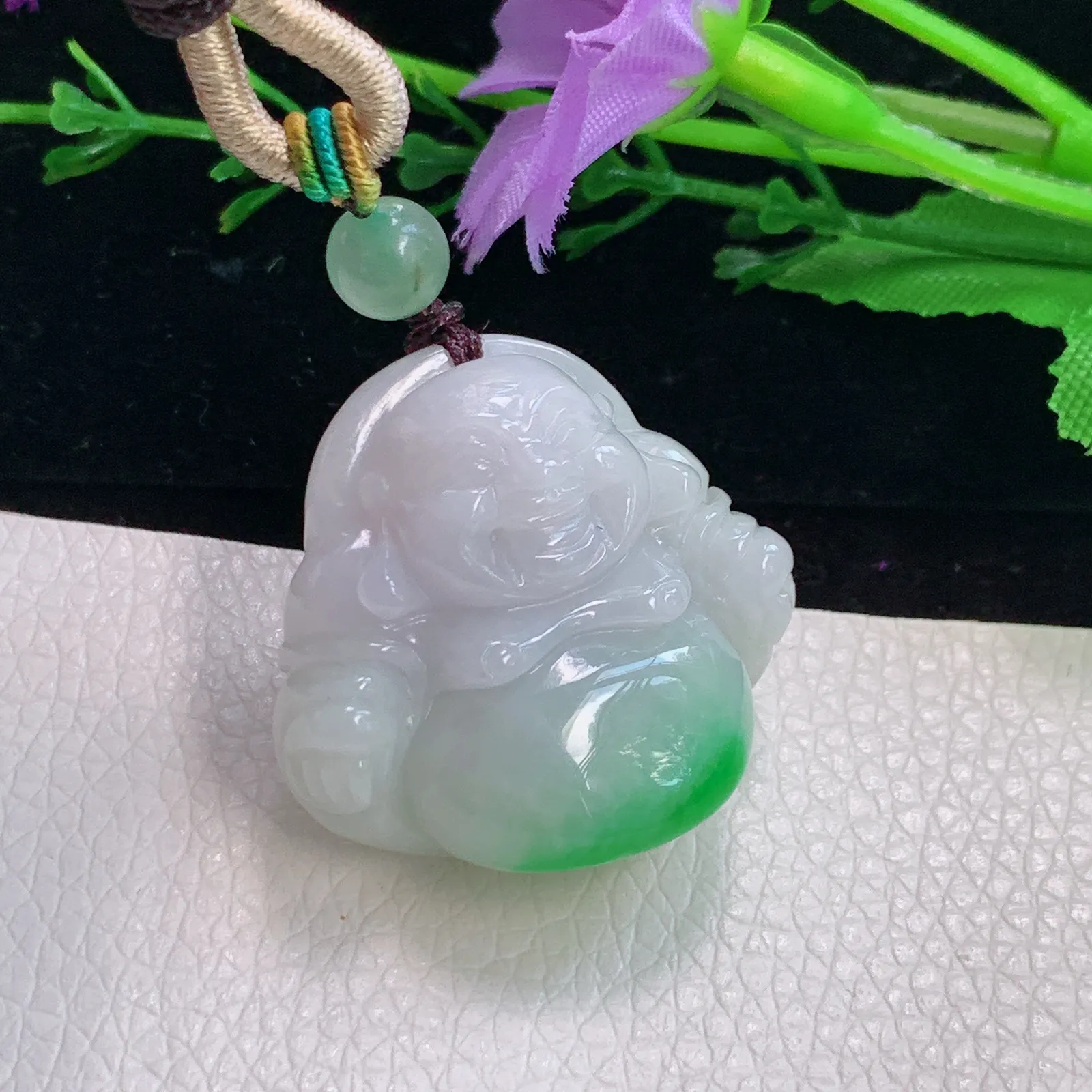 zen实拍28.6*31*12天然翡翠胶感飘阳绿饱满佛公玉吊坠尼勒佛玉坠