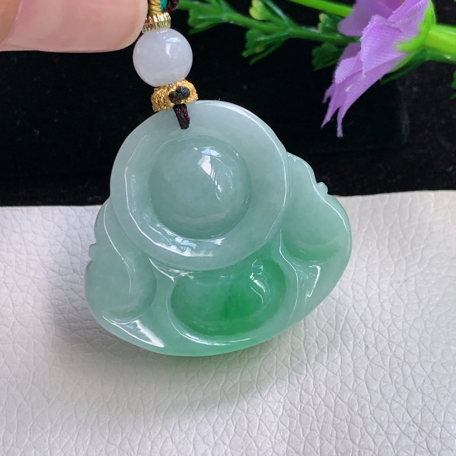 zen实拍33*35.8*13天然翡翠胶感半山水饱满佛公玉吊坠尼勒佛玉坠