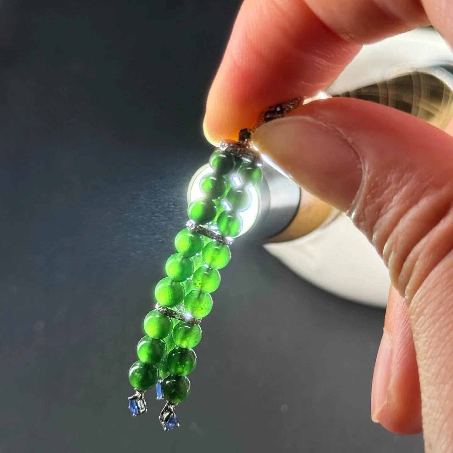精品18k墨翠珠珠耳坠 种好色正 打灯通透 油性十足 尺寸4mm