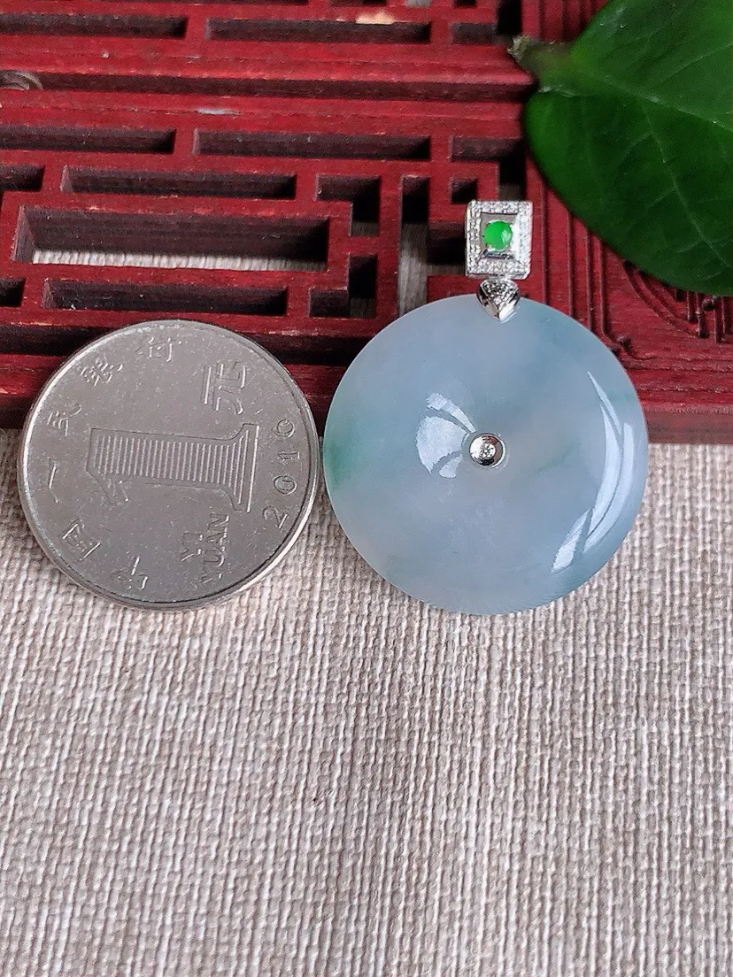 a货翡翠老坑冰种18K金伴钻镶嵌紫罗兰飘花平安扣吊坠 尺寸34×26.3×5.8mm 重量9.35g 0621